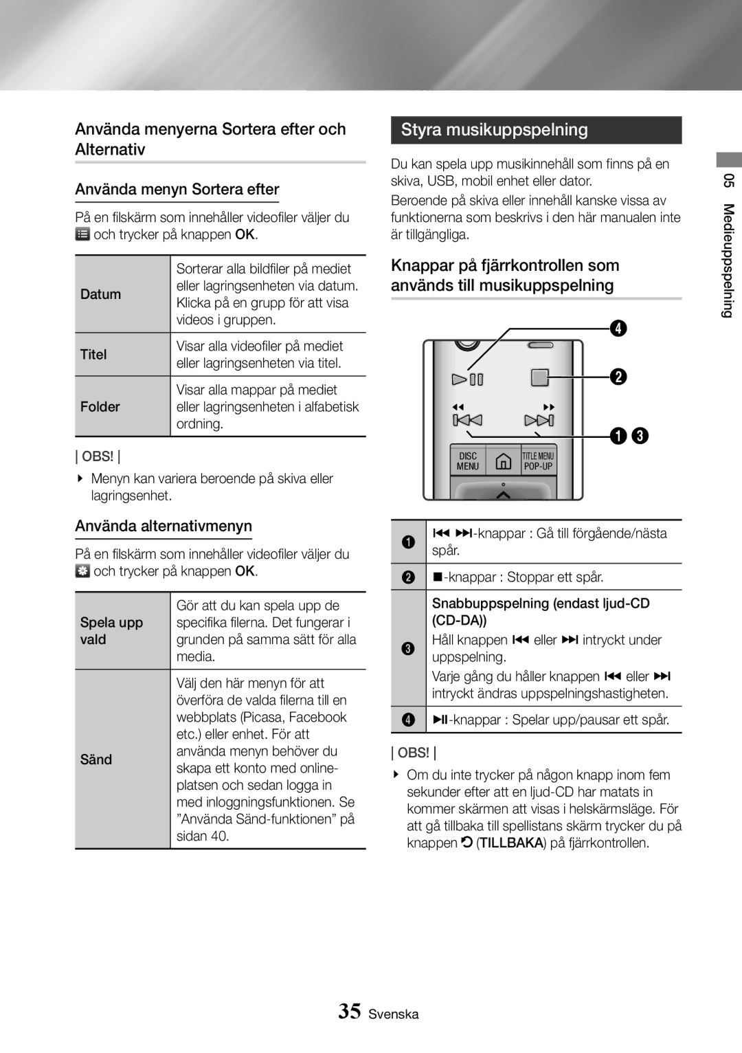 Samsung UBD-K8500/XE Använda menyerna Sortera efter och Alternativ, Styra musikuppspelning, Använda menyn Sortera efter 