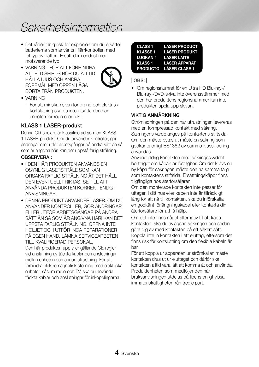 Samsung UBD-K8500/XE manual Klass 1 LASER-produkt, Varning, Viktig Anmärkning 