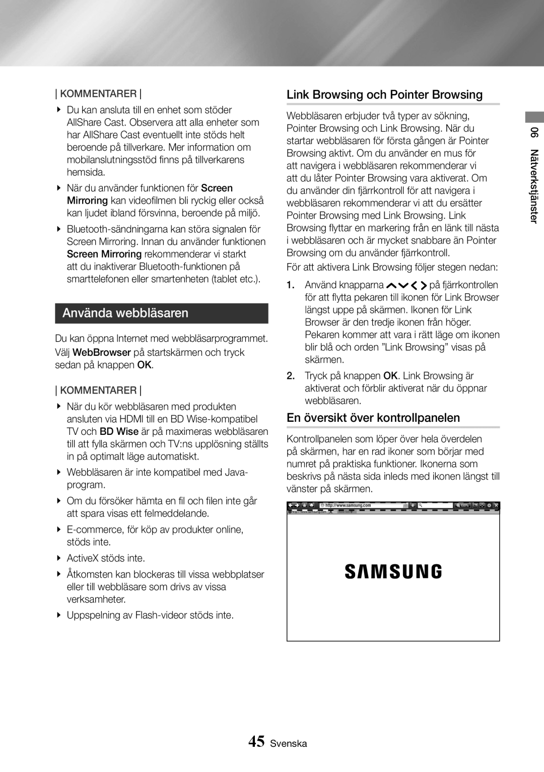 Samsung UBD-K8500/XE manual Använda webbläsaren, Link Browsing och Pointer Browsing, En översikt över kontrollpanelen 