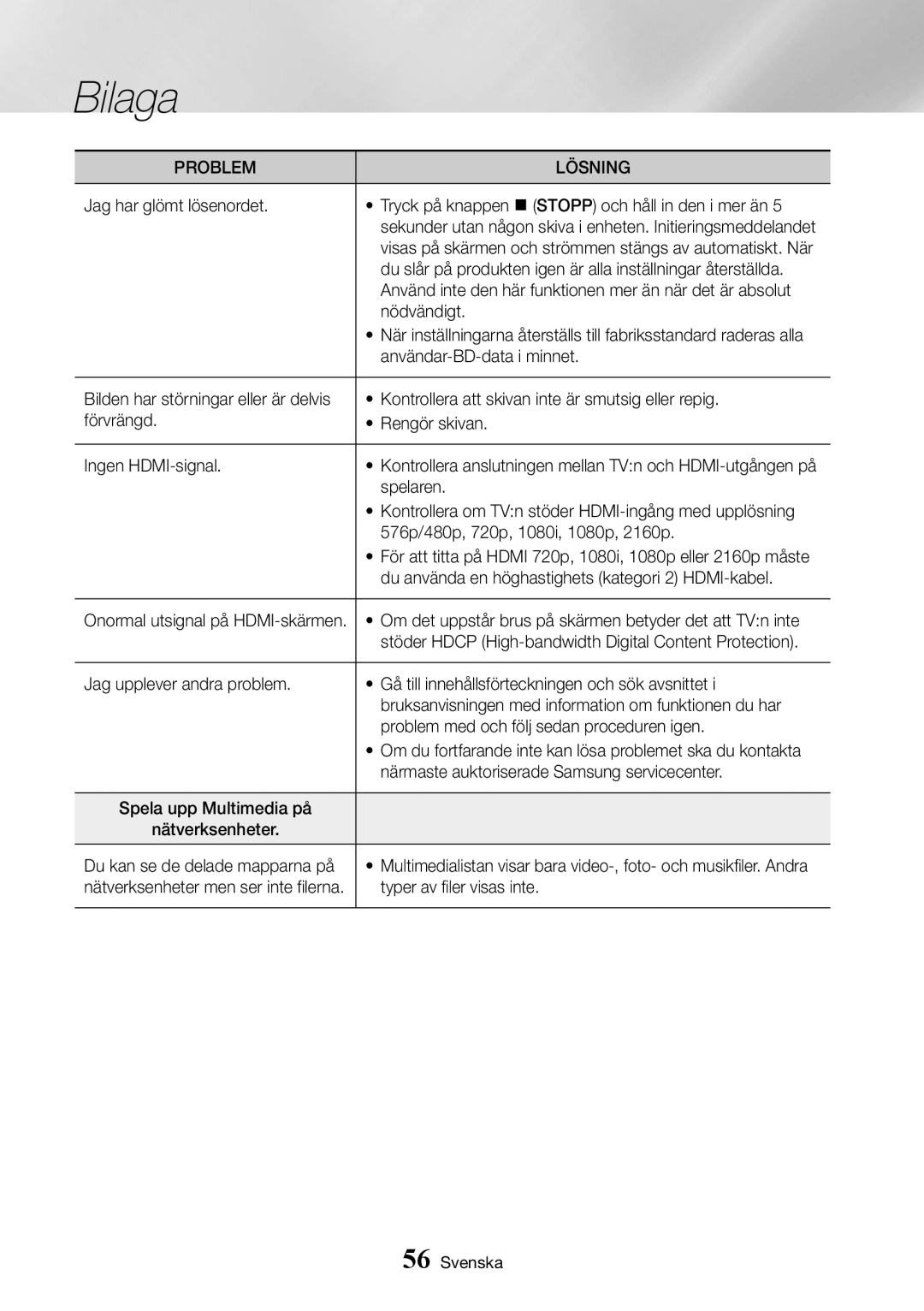 Samsung UBD-K8500/XE manual Du slår på produkten igen är alla inställningar återställda, Nödvändigt, Spelaren 