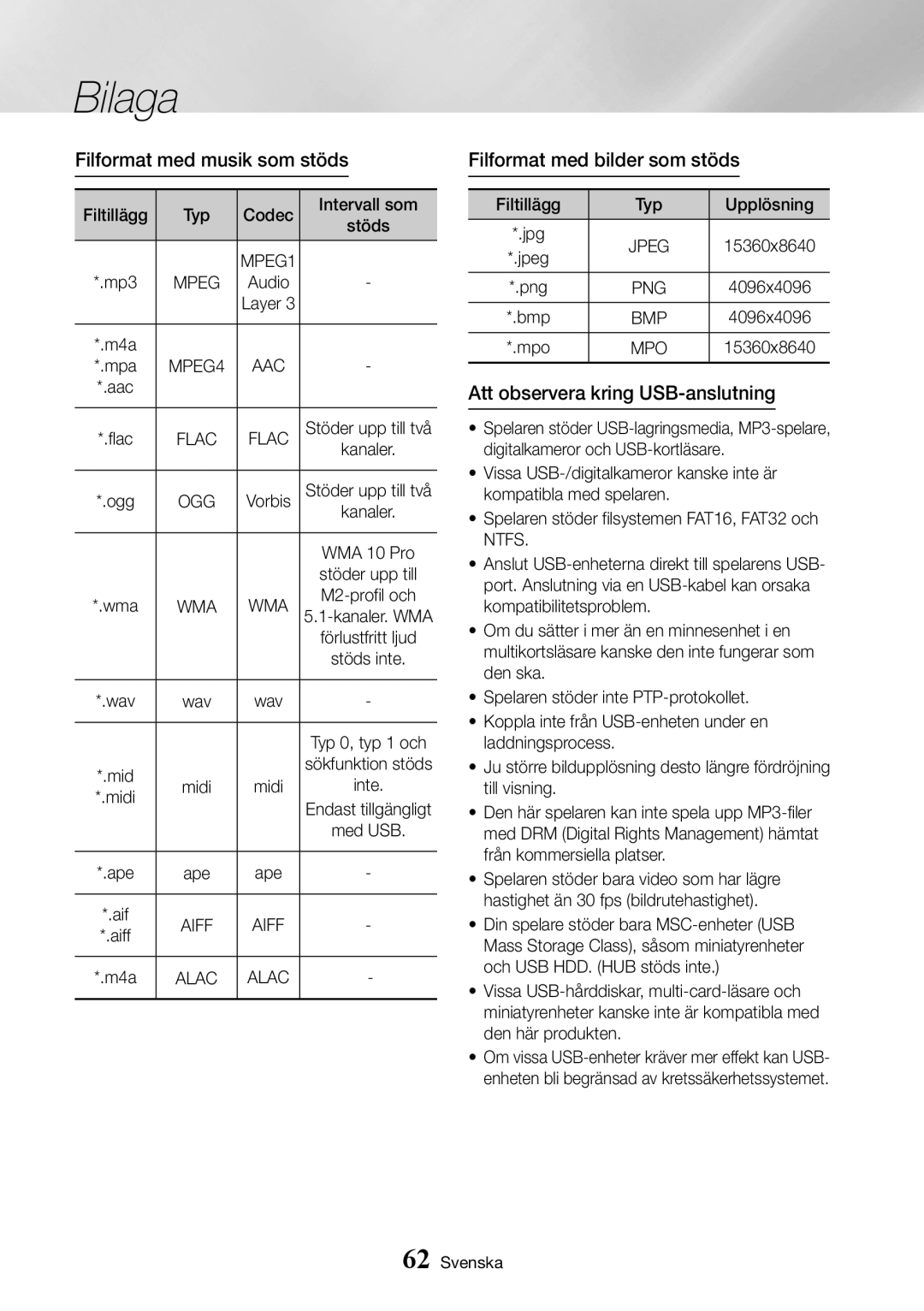 Samsung UBD-K8500/XE Filformat med musik som stöds, Filformat med bilder som stöds, Att observera kring USB-anslutning 