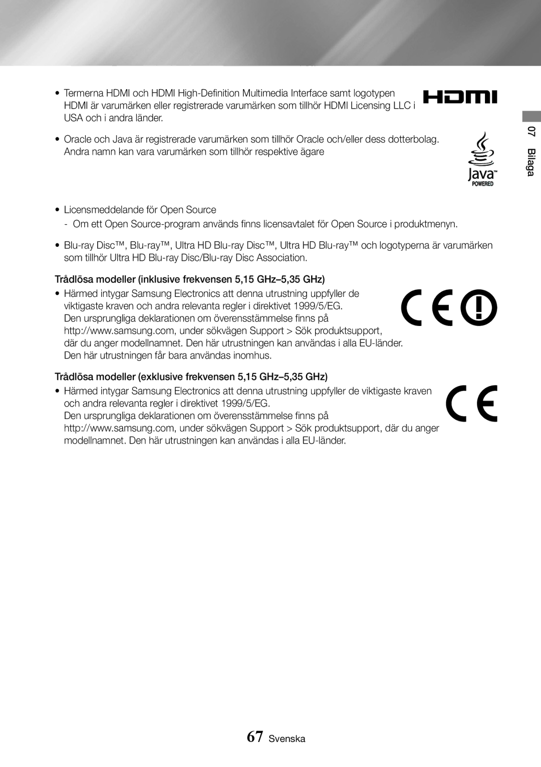 Samsung UBD-K8500/XE manual Bilaga Svenska 