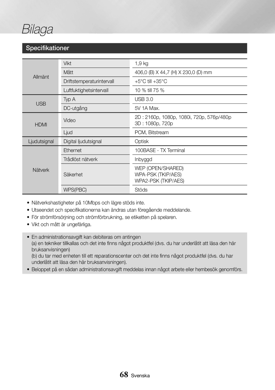 Samsung UBD-K8500/XE manual Specifikationer 