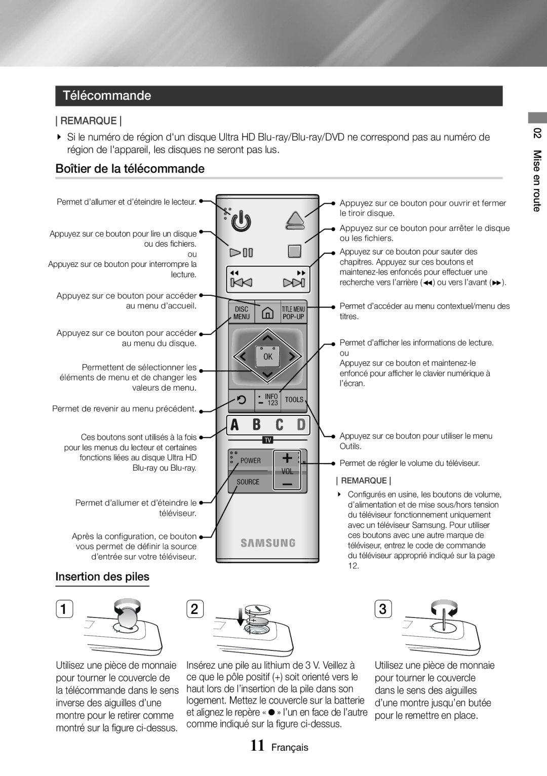 Samsung UBD-K8500/ZF manual Télécommande, Boîtier de la télécommande, Insertion des piles 