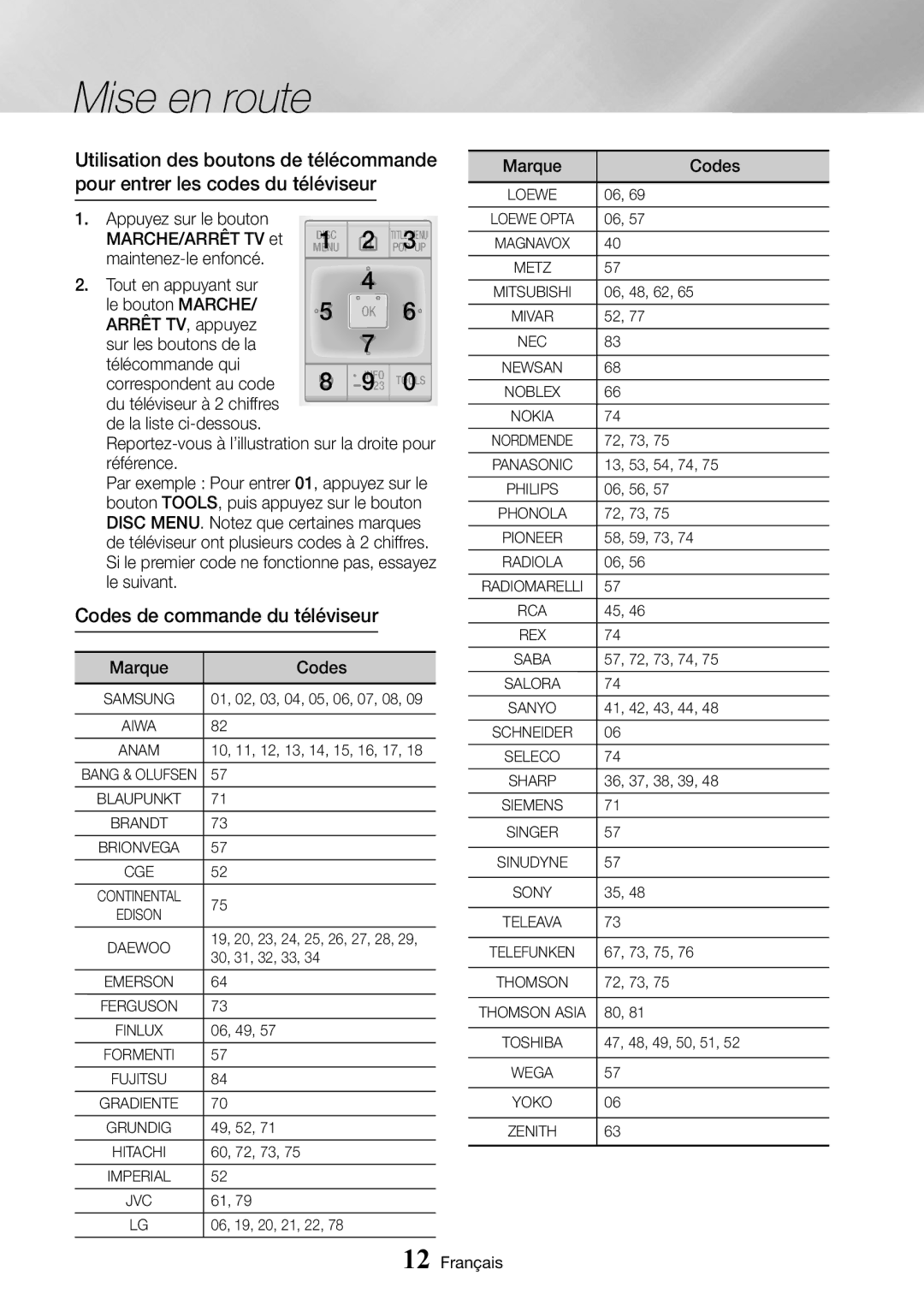 Samsung UBD-K8500/ZF manual MARCHE/ARRÊT TV et, Correspondent au code, De la liste ci-dessous, Référence, Marque Codes 