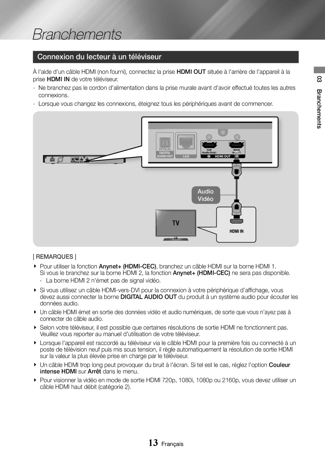 Samsung UBD-K8500/ZF manual Connexion du lecteur à un téléviseur, Branchements Français 