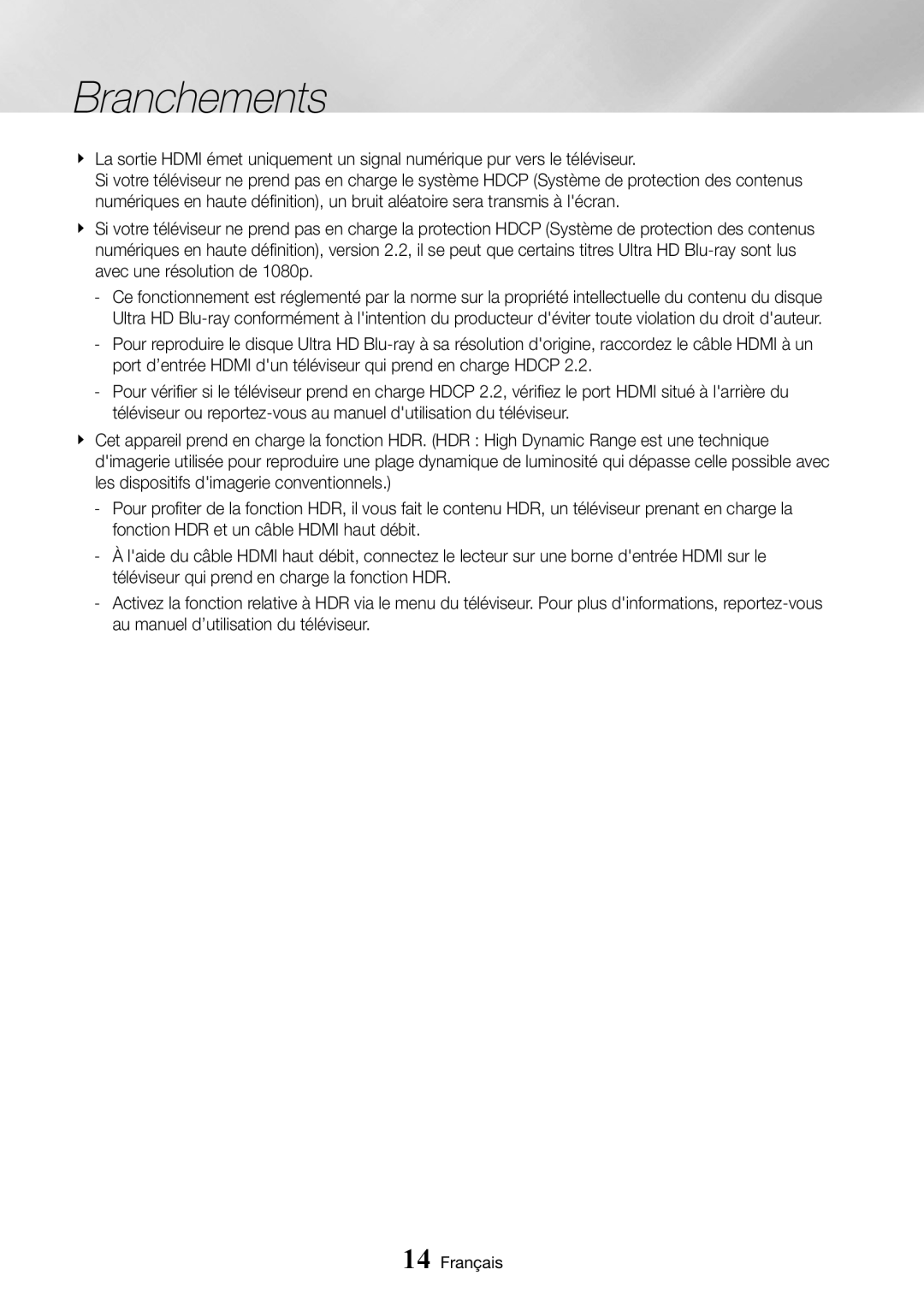 Samsung UBD-K8500/ZF manual Branchements 