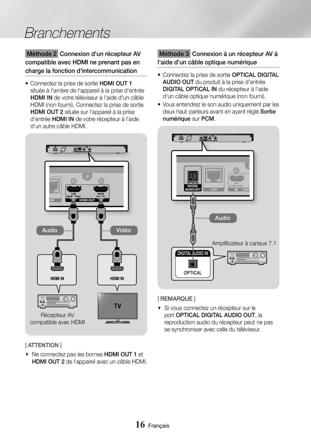 Samsung UBD-K8500/ZF manual Si vous connectez un récepteur sur le, Port Optical Digital Audio OUT, la 