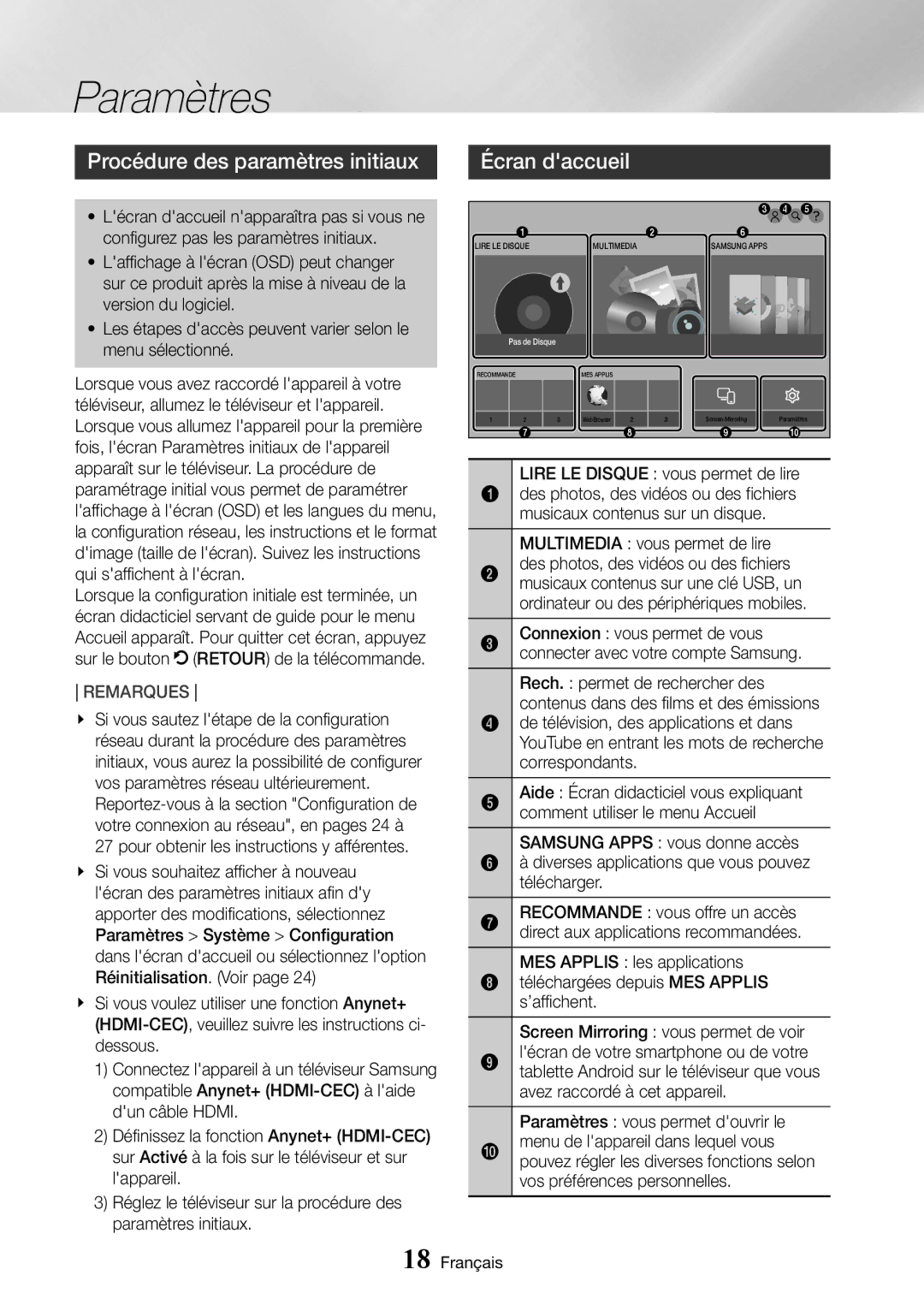 Samsung UBD-K8500/ZF manual Paramètres, Procédure des paramètres initiaux Écran daccueil 