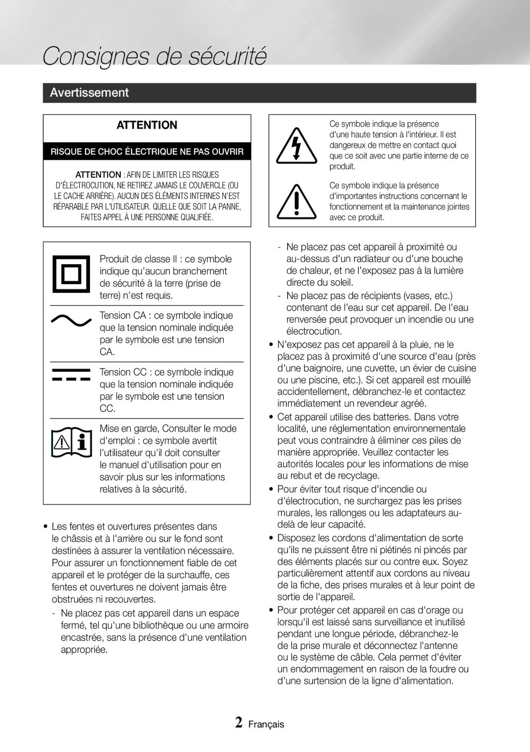 Samsung UBD-K8500/ZF manual Consignes de sécurité, Avertissement, Français 