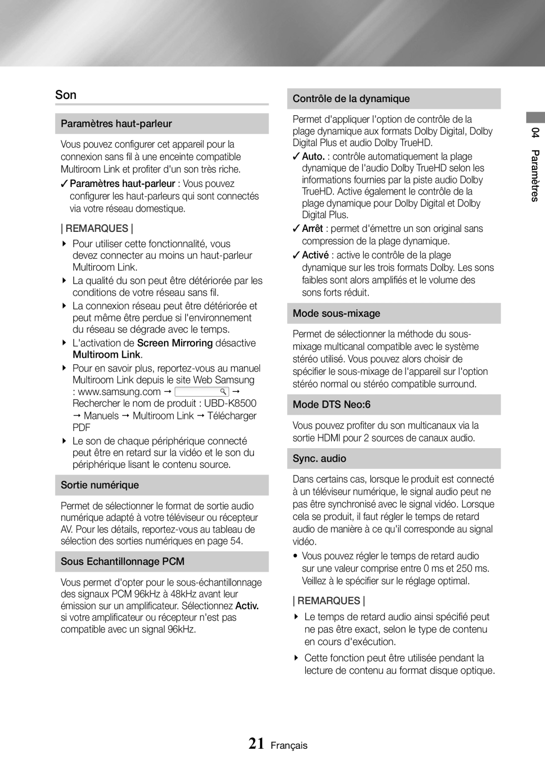 Samsung UBD-K8500/ZF manual Son, Paramètres haut-parleur, Lactivation de Screen Mirroring désactive Multiroom Link 