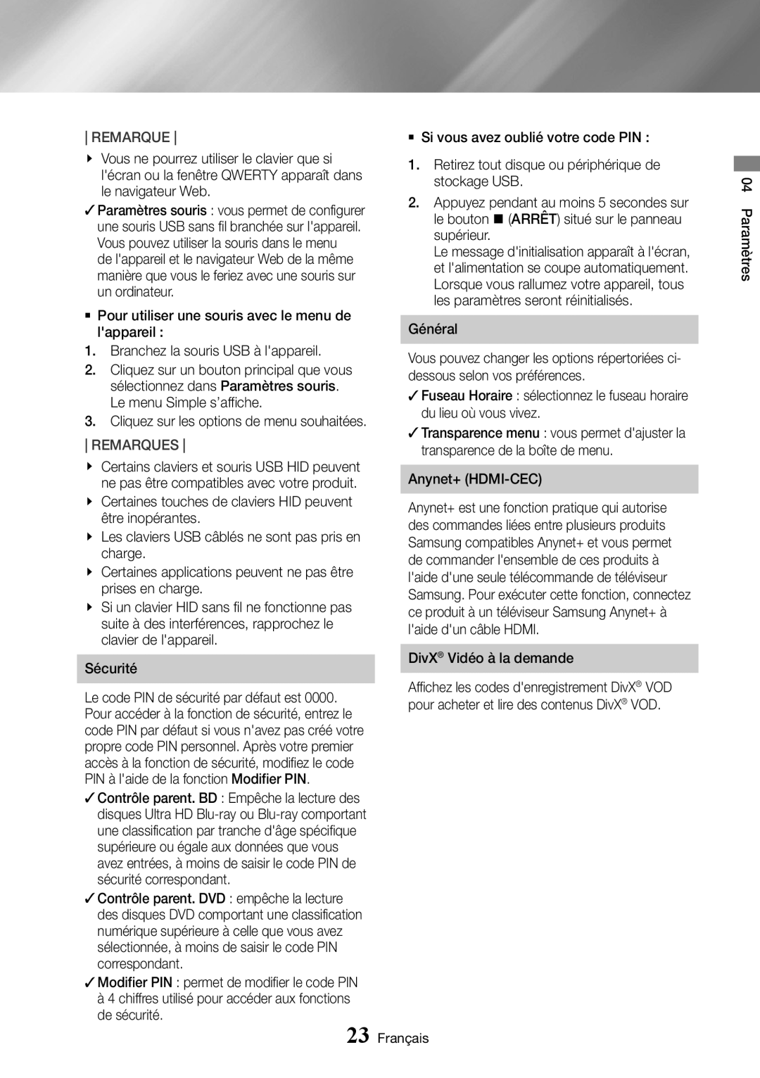 Samsung UBD-K8500/ZF manual Général, Anynet+ HDMI-CEC, DivX Vidéo à la demande 