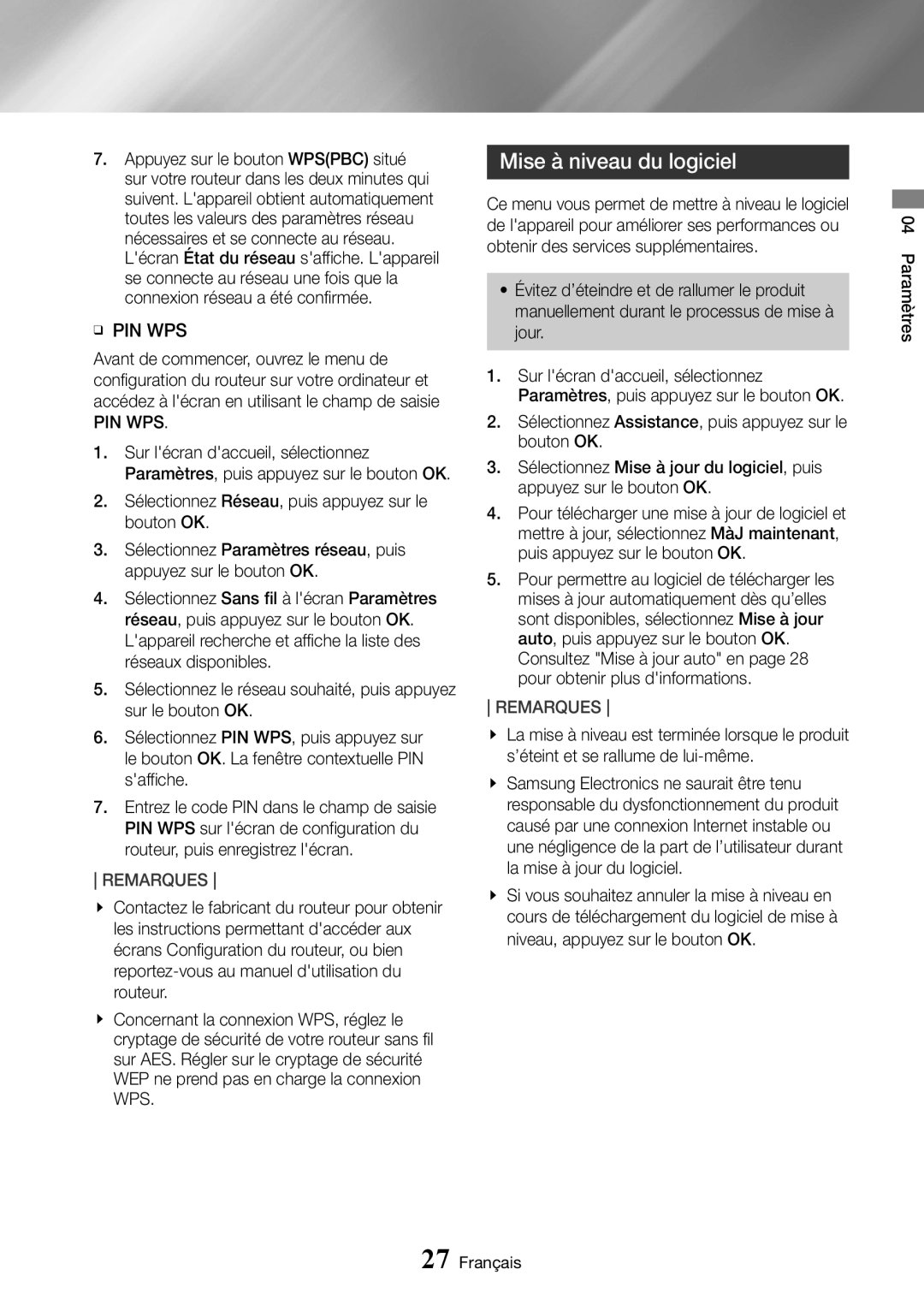 Samsung UBD-K8500/ZF manual Mise à niveau du logiciel, Ğğ Pin Wps 