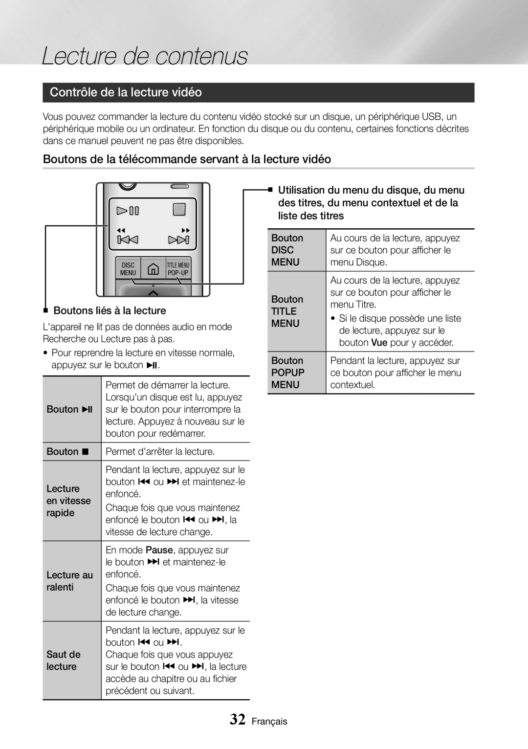 Samsung UBD-K8500/ZF manual Lecture de contenus, Contrôle de la lecture vidéo 