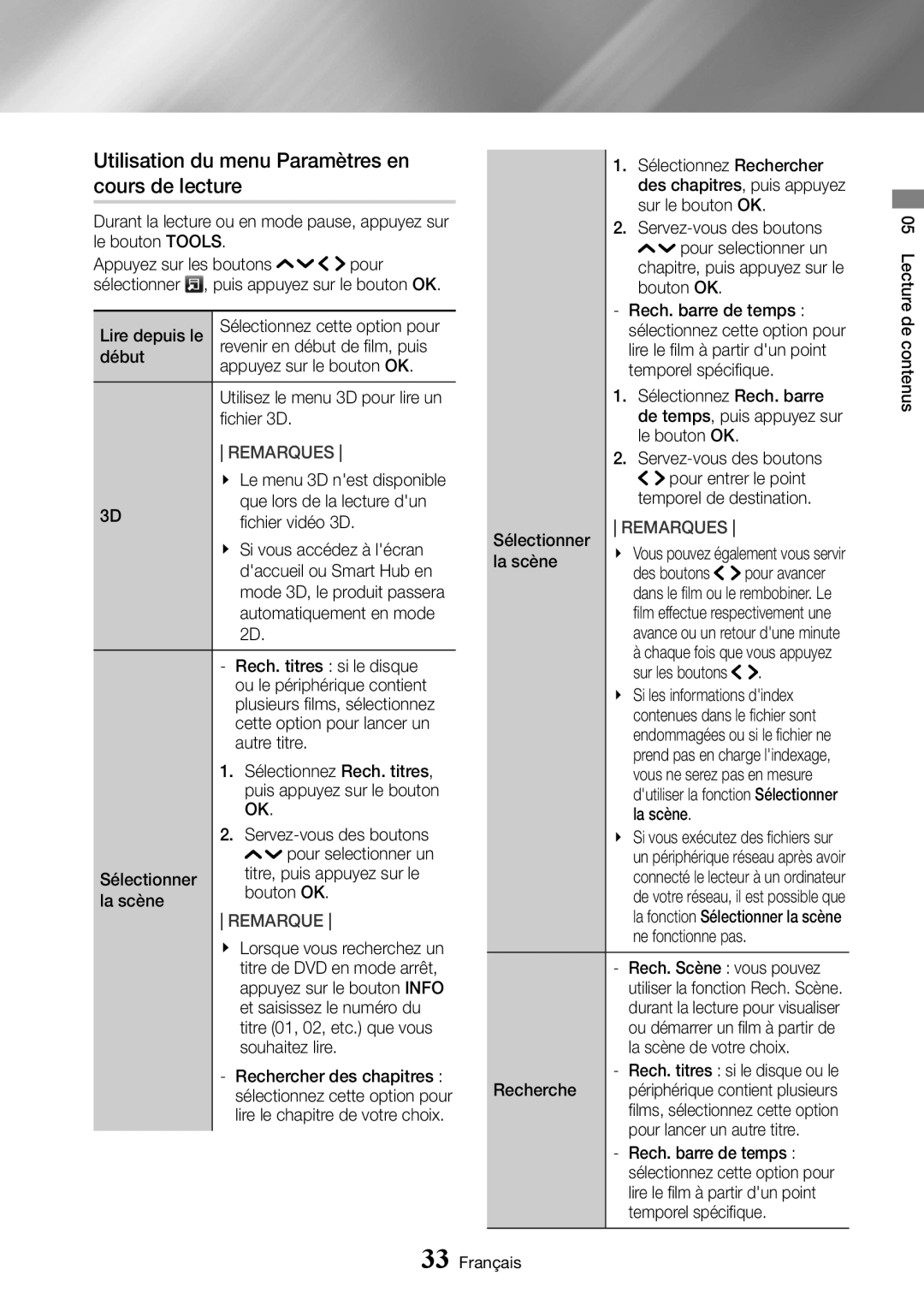 Samsung UBD-K8500/ZF manual Utilisation du menu Paramètres en cours de lecture 