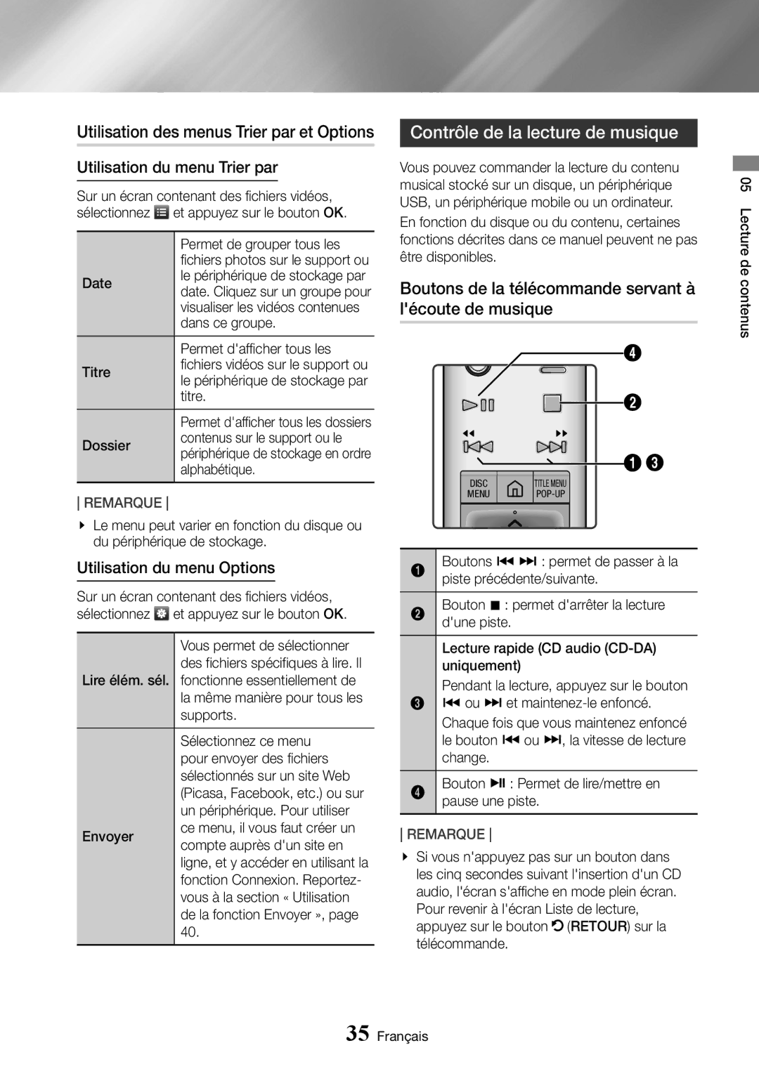 Samsung UBD-K8500/ZF manual Contrôle de la lecture de musique, Boutons de la télécommande servant à lécoute de musique 