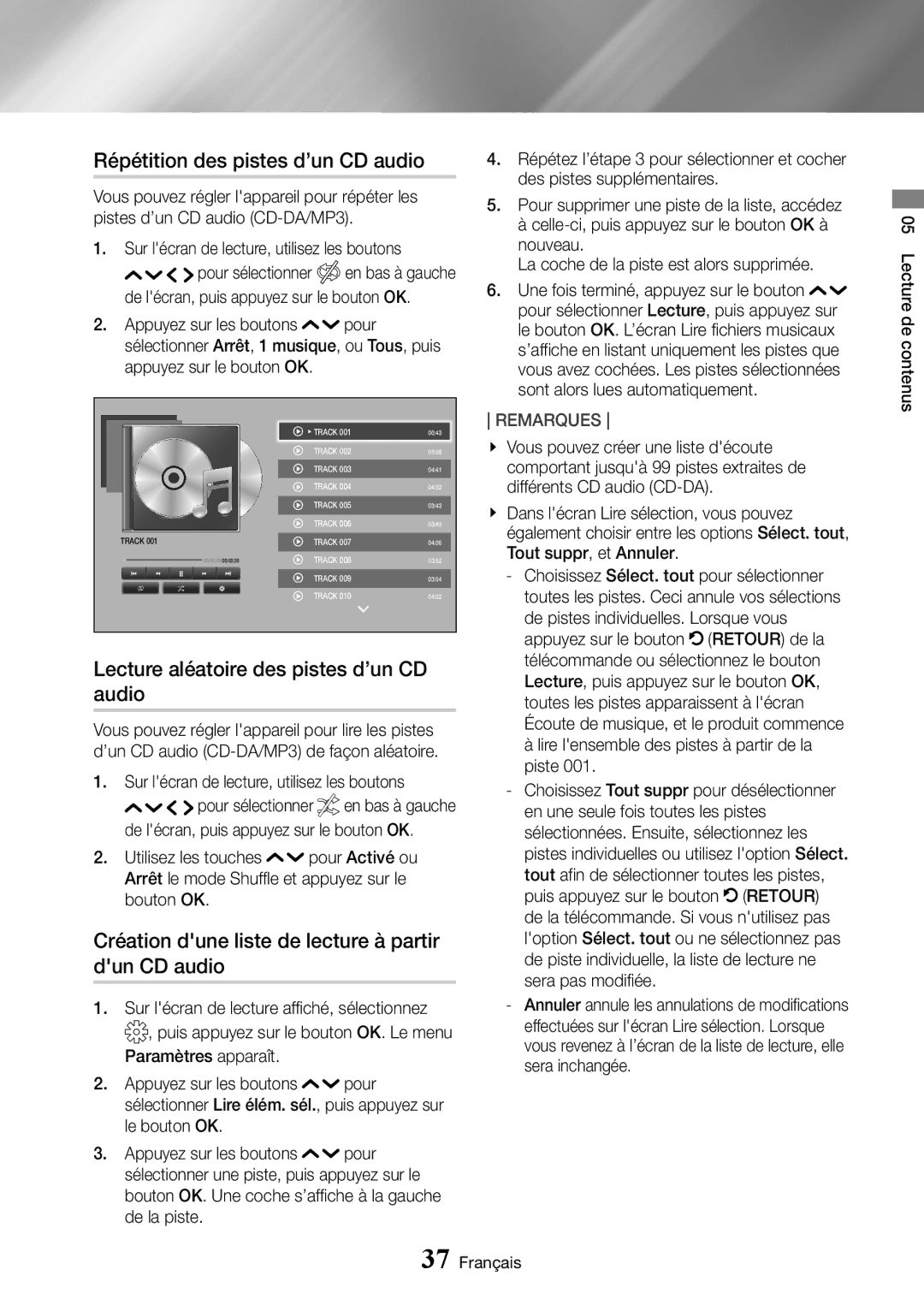 Samsung UBD-K8500/ZF Répétition des pistes d’un CD audio, Lecture aléatoire des pistes d’un CD audio, Pour sélectionner 