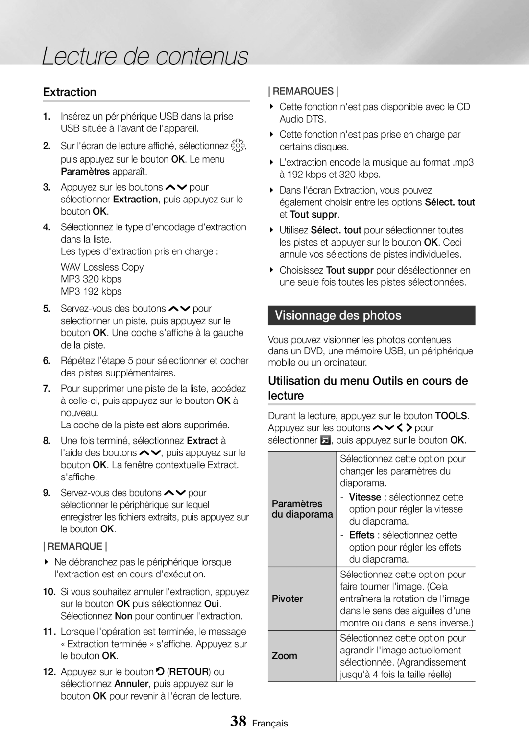 Samsung UBD-K8500/ZF manual Extraction, Visionnage des photos, Utilisation du menu Outils en cours de lecture 