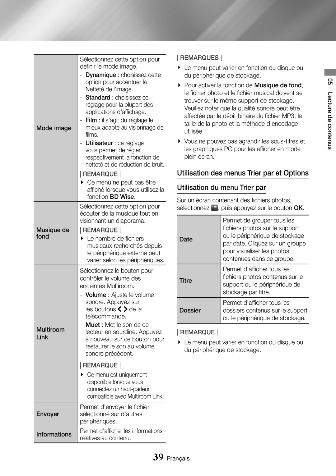 Samsung UBD-K8500/ZF manual Utilisation des menus Trier par et Options 