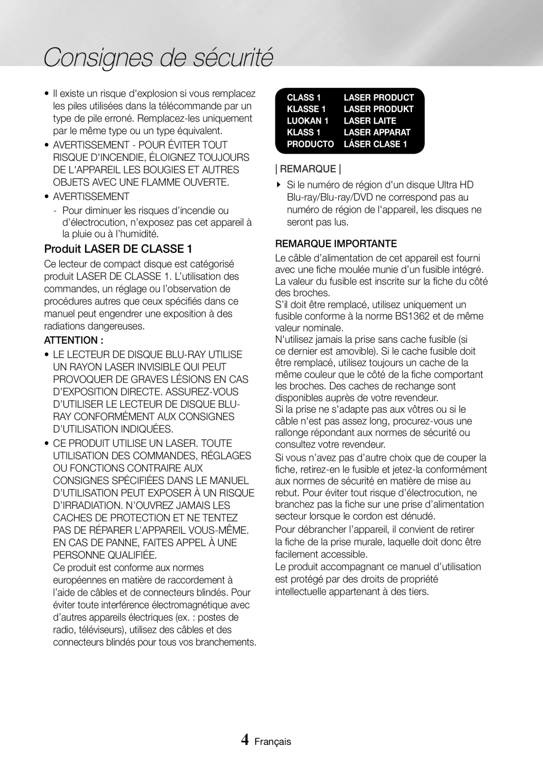 Samsung UBD-K8500/ZF manual Produit Laser DE Classe, Avertissement, Remarque Importante 