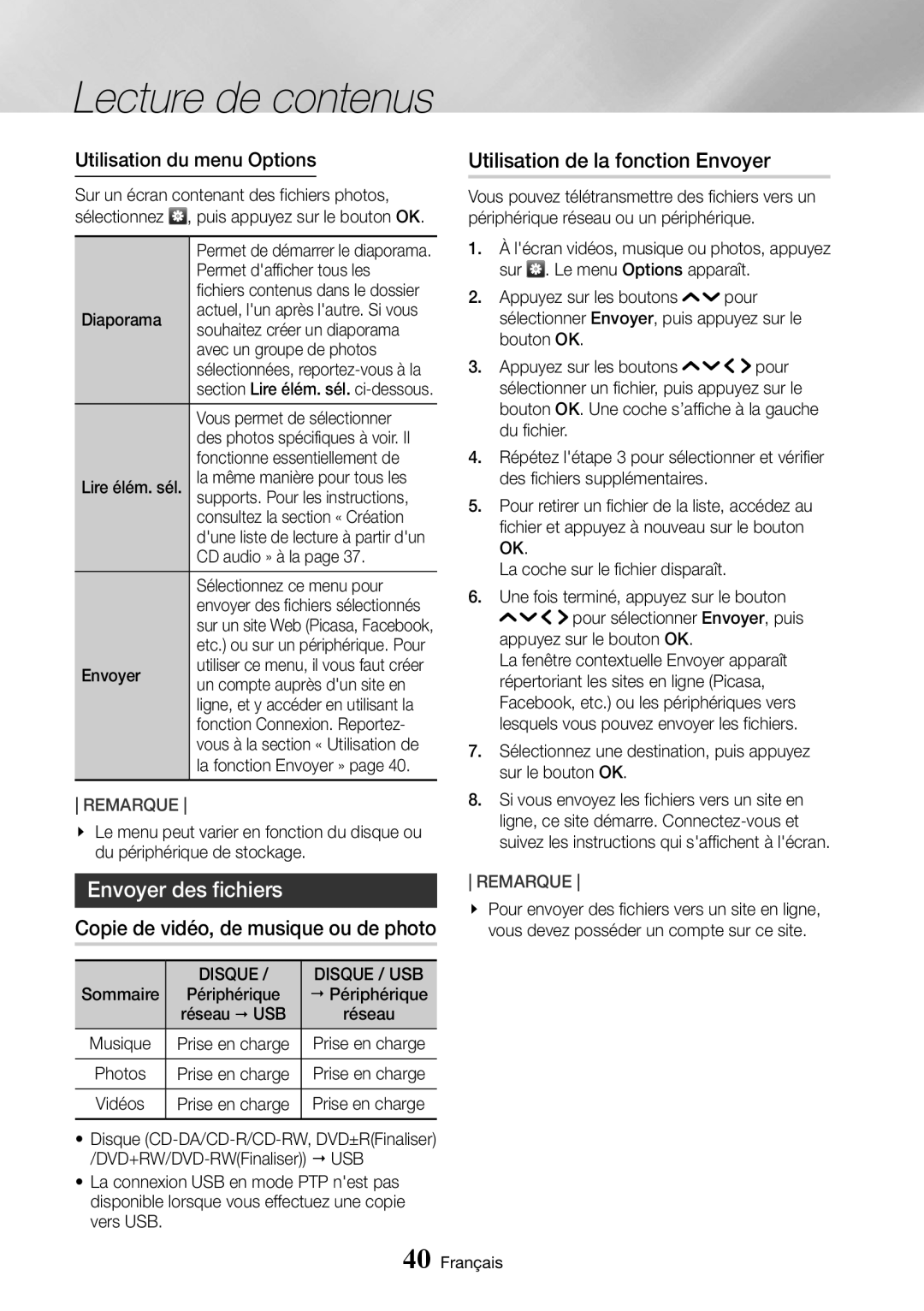 Samsung UBD-K8500/ZF Envoyer des fichiers, Copie de vidéo, de musique ou de photo, Utilisation de la fonction Envoyer 