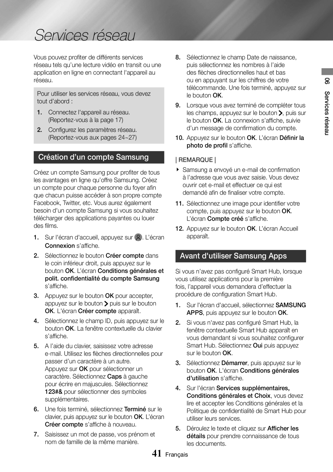 Samsung UBD-K8500/ZF manual Création d’un compte Samsung, Avant dutiliser Samsung Apps, Services réseau Français 