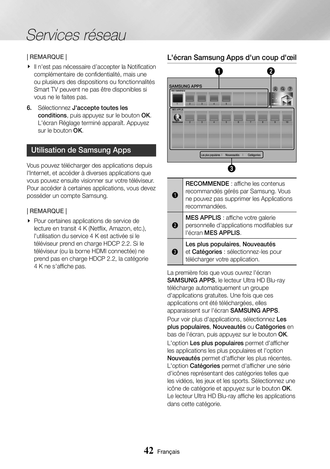 Samsung UBD-K8500/ZF manual Utilisation de Samsung Apps, Lécran Samsung Apps dun coup dœil 