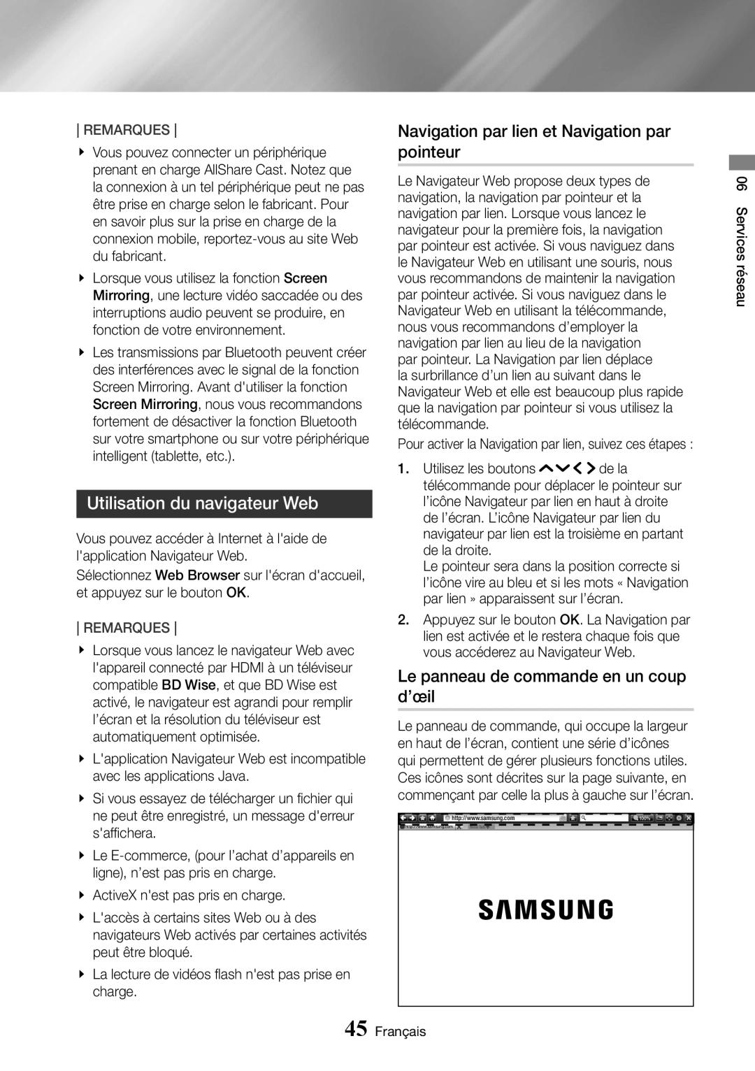 Samsung UBD-K8500/ZF manual Utilisation du navigateur Web, Navigation par lien et Navigation par pointeur 