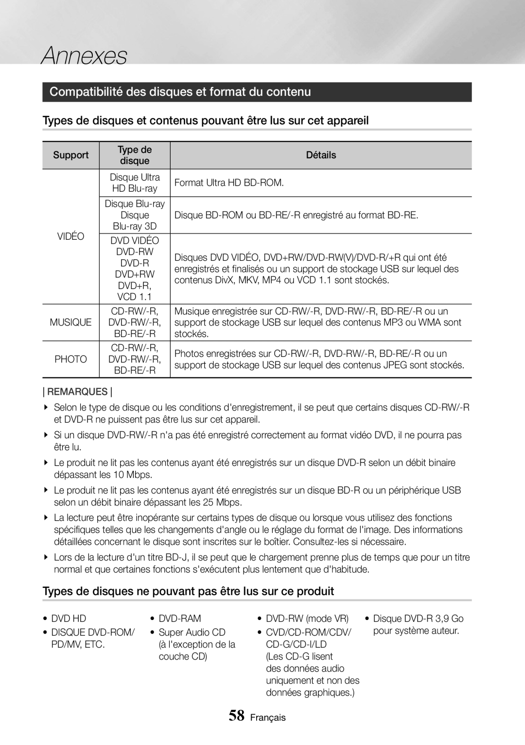 Samsung UBD-K8500/ZF manual Compatibilité des disques et format du contenu 