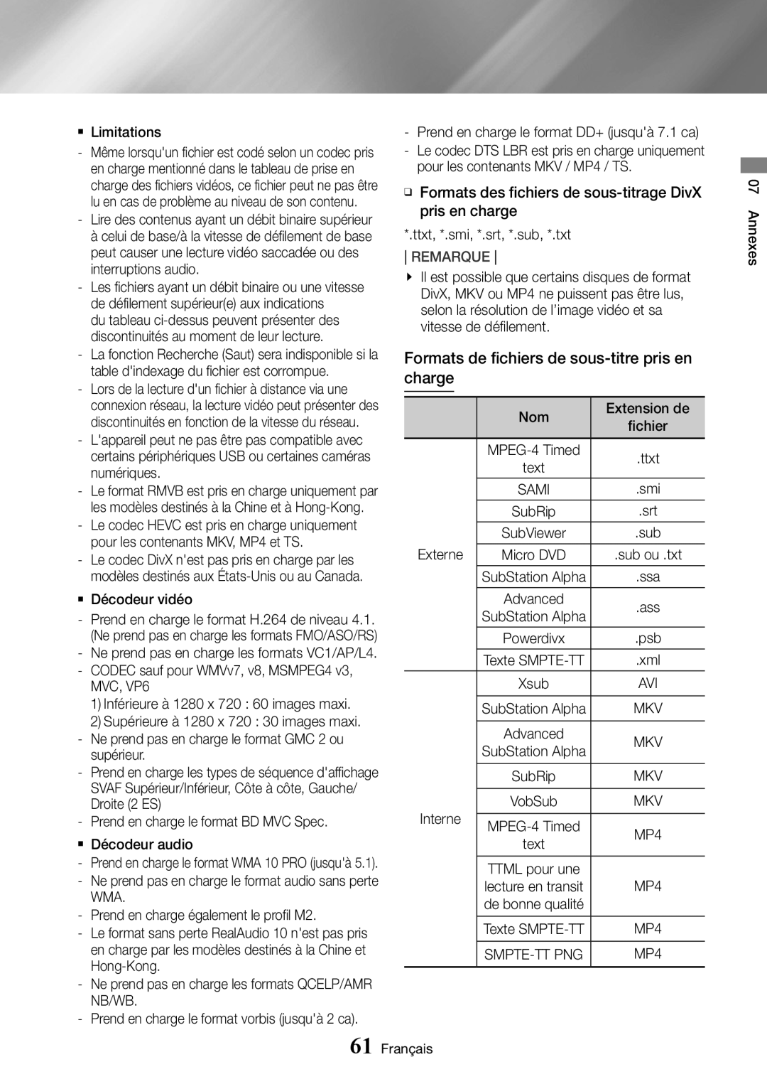 Samsung UBD-K8500/ZF manual Formats de fichiers de sous-titre pris en charge, MVC, VP6, Wma 