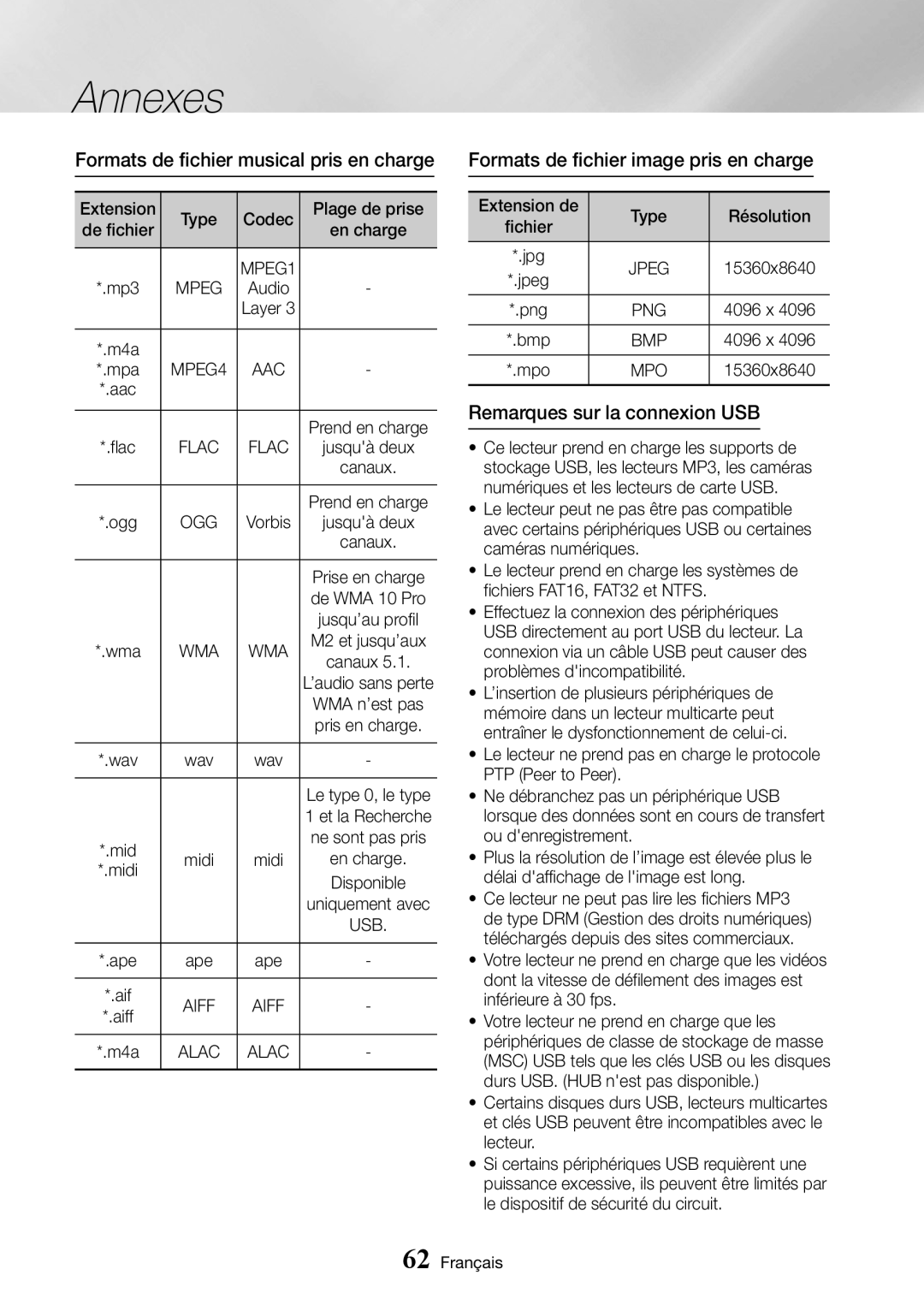 Samsung UBD-K8500/ZF manual Formats de fichier musical pris en charge, Formats de fichier image pris en charge 