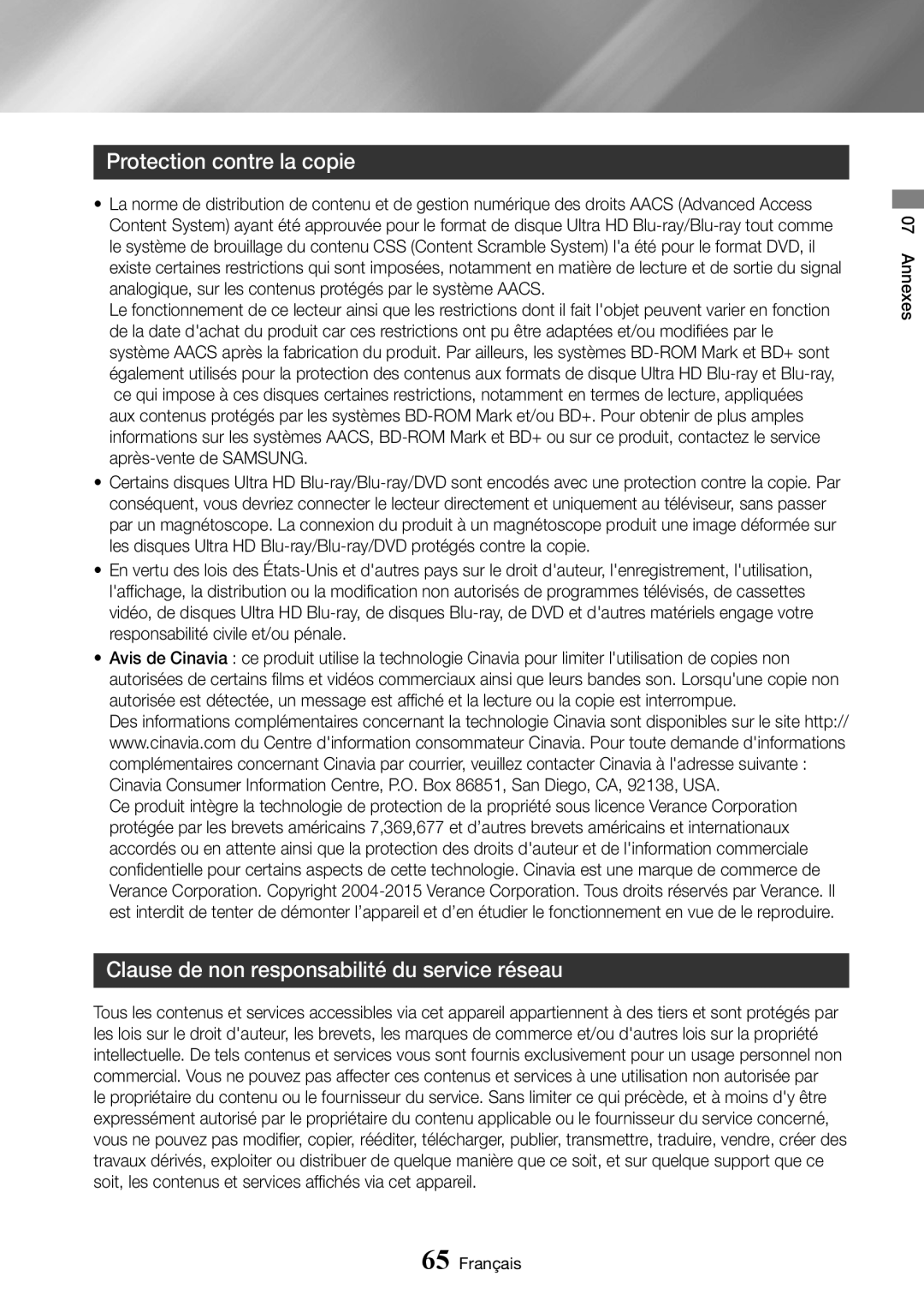 Samsung UBD-K8500/ZF manual Protection contre la copie, Clause de non responsabilité du service réseau 