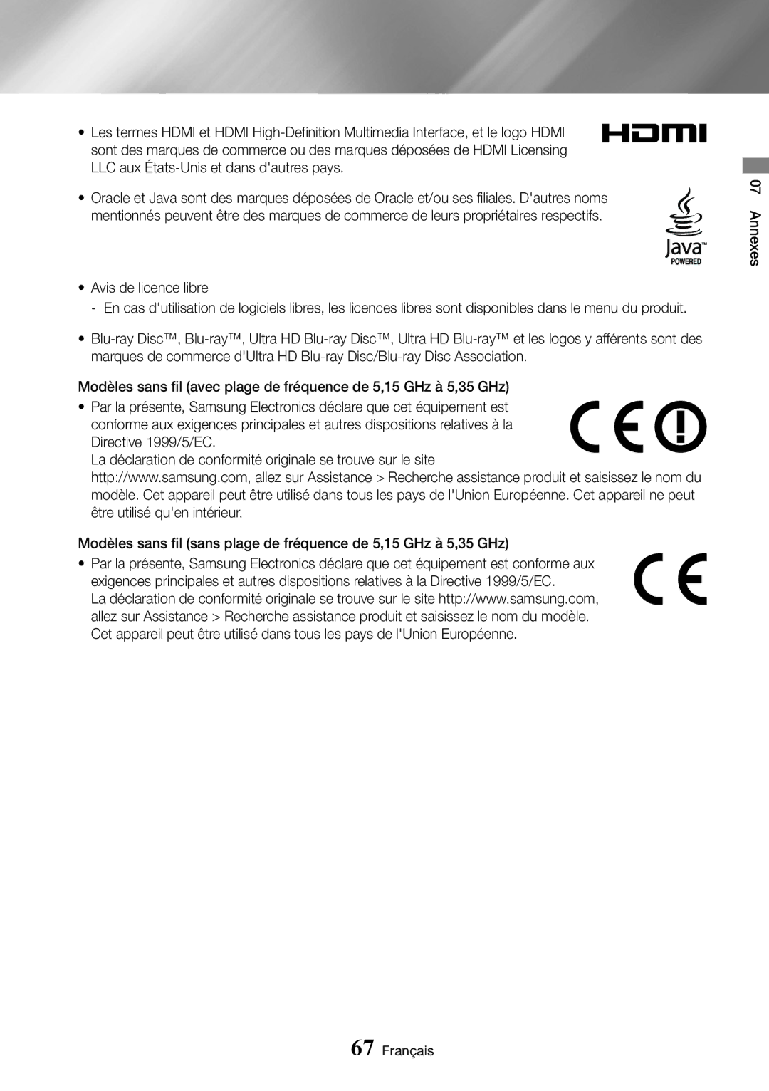 Samsung UBD-K8500/ZF manual Annexes Français 