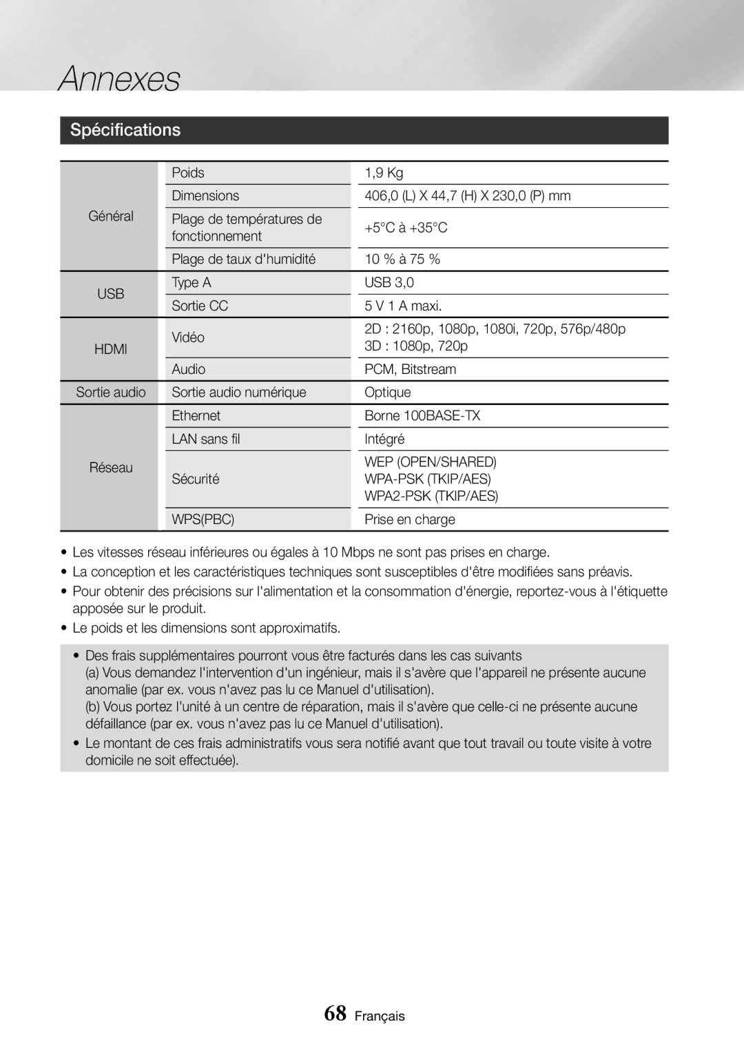 Samsung UBD-K8500/ZF manual Spécifications 