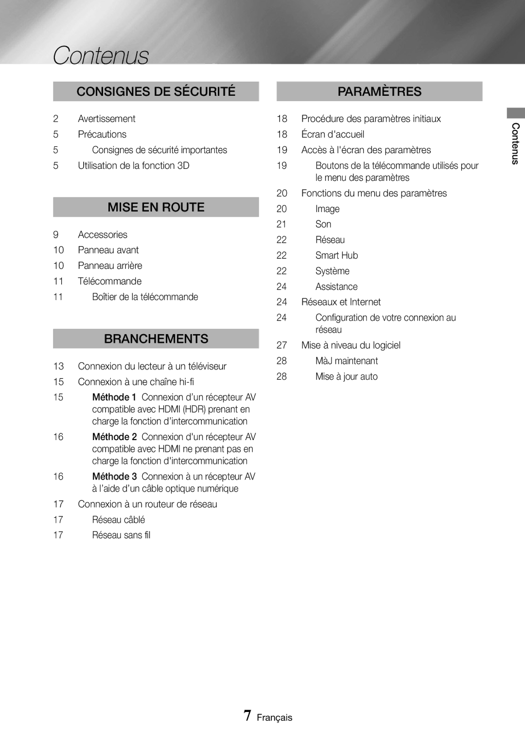 Samsung UBD-K8500/ZF manual Avertissement, Précautions, Contenus Français 