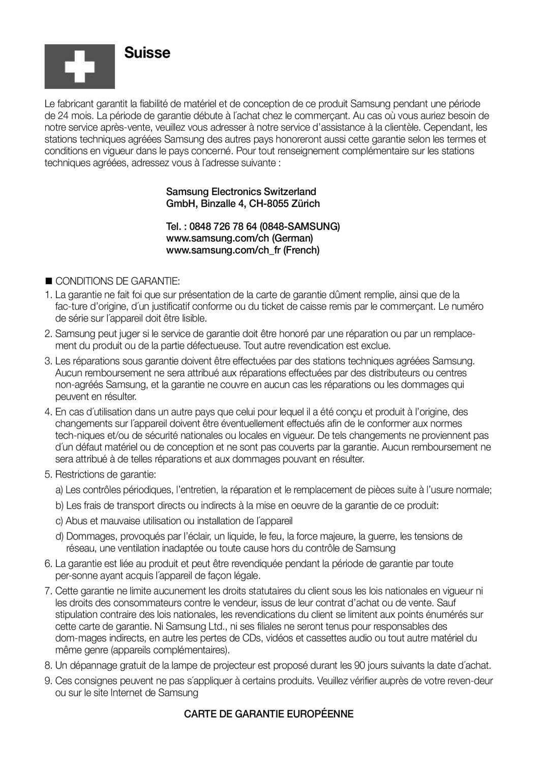 Samsung UBD-K8500/ZF manual Restrictions de garantie, Carte DE Garantie Européenne 