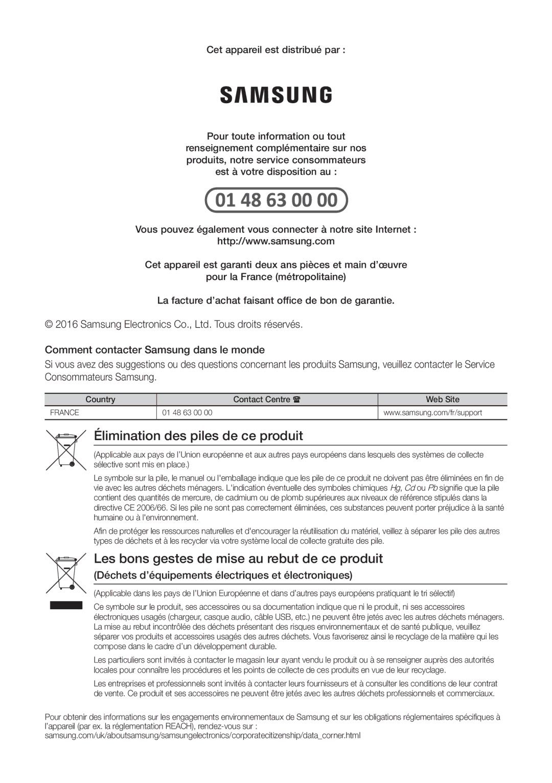 Samsung UBD-K8500/ZF manual Élimination des piles de ce produit 