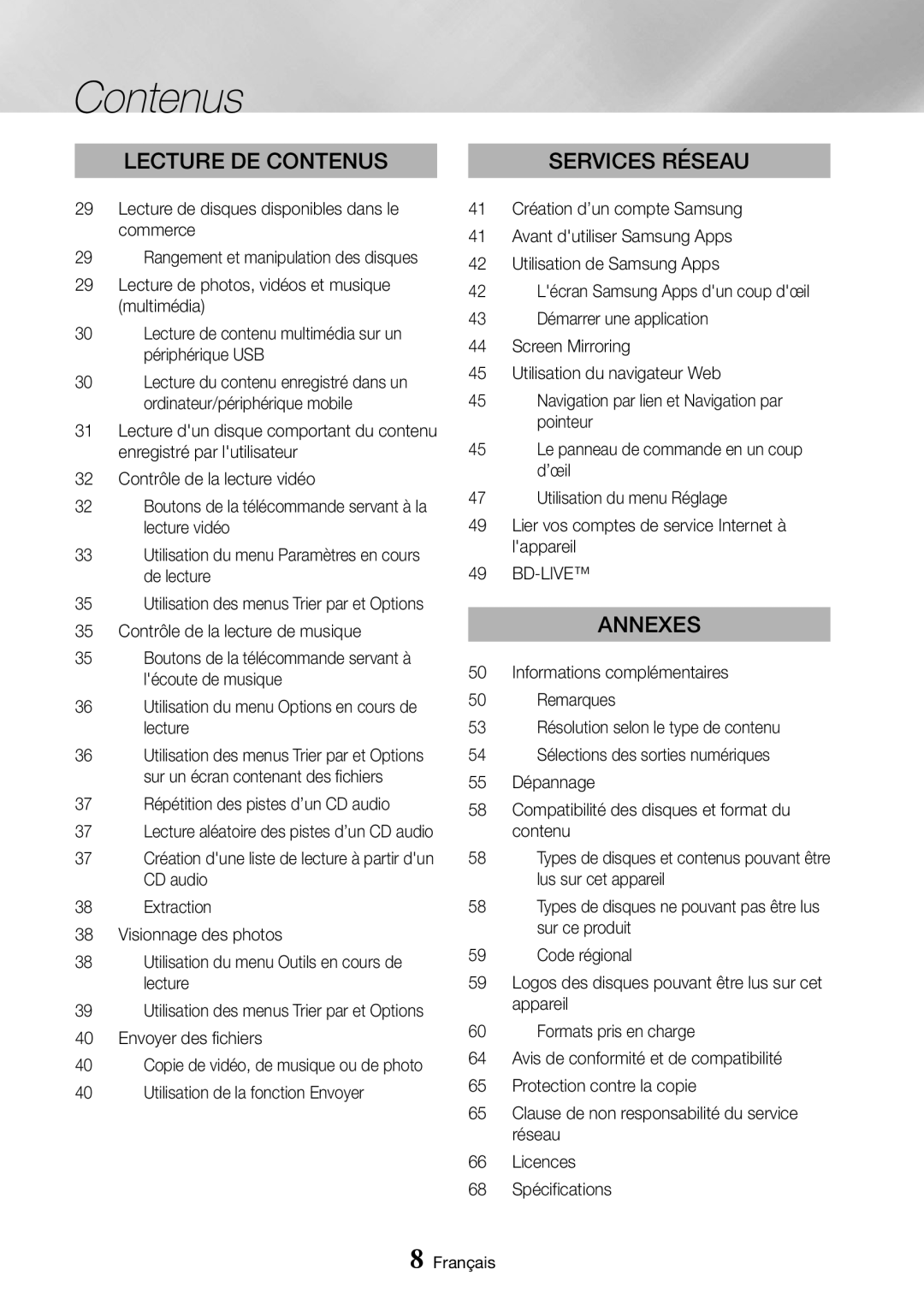 Samsung UBD-K8500/ZF manual Bd-Live, Réseau, Licences, Spécifications, Utilisation des menus Trier par et Options 