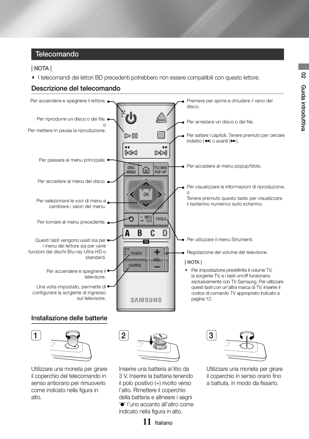 Samsung UBD-K8500/ZF Telecomando, Descrizione del telecomando, Installazione delle batterie, Il coperchio del telecomando 