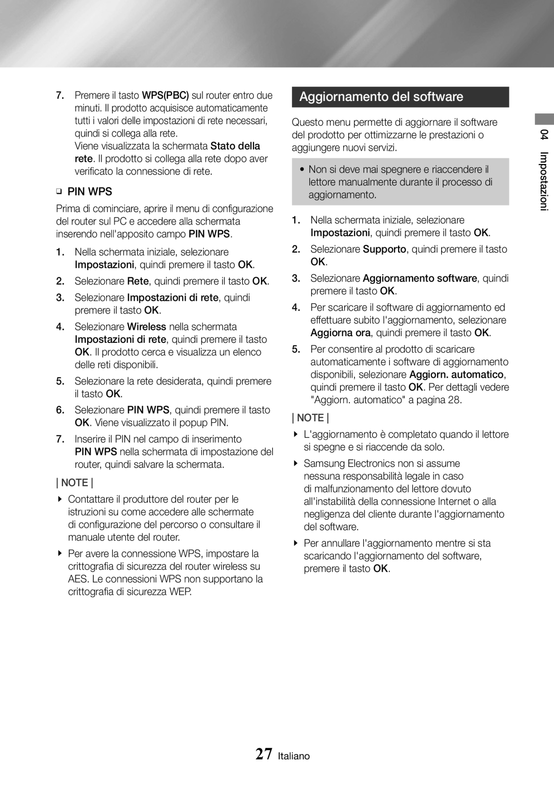 Samsung UBD-K8500/ZF manual Aggiornamento del software, Ğğ Pin Wps 