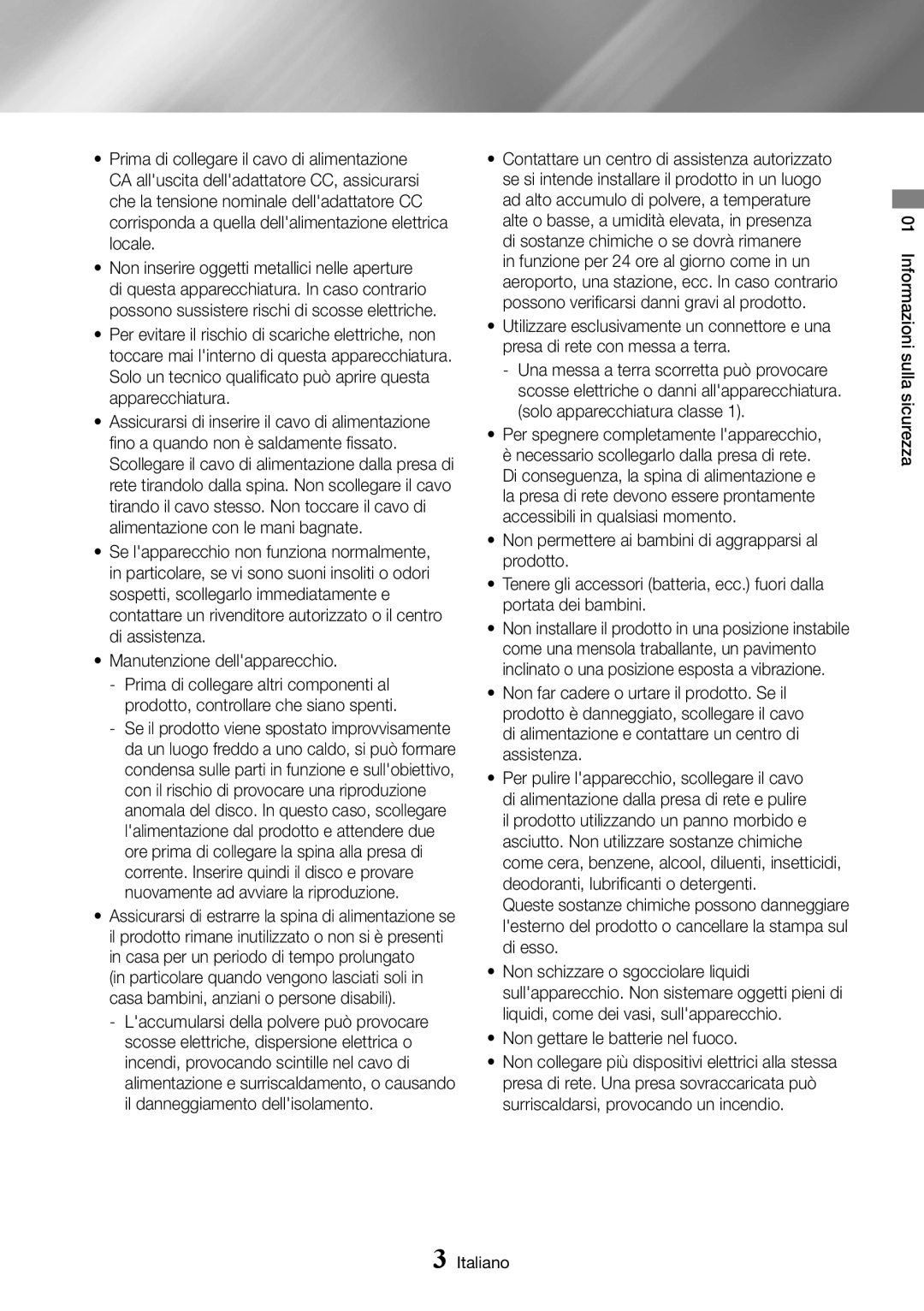 Samsung UBD-K8500/ZF manual Manutenzione dellapparecchio, Non gettare le batterie nel fuoco 