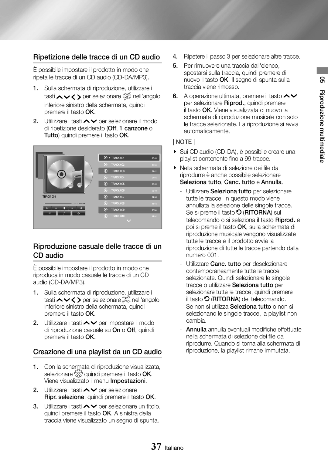 Samsung UBD-K8500/ZF manual Ripetizione delle tracce di un CD audio, Riproduzione casuale delle tracce di un CD audio 