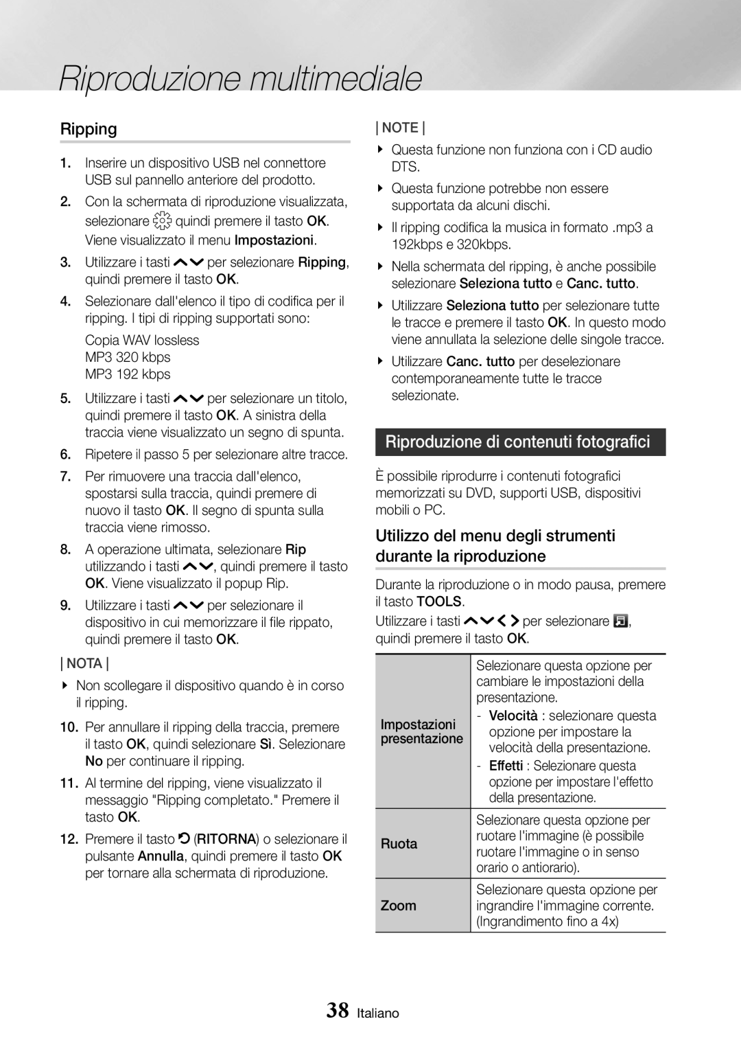 Samsung UBD-K8500/ZF manual Ripping, Riproduzione di contenuti fotografici 