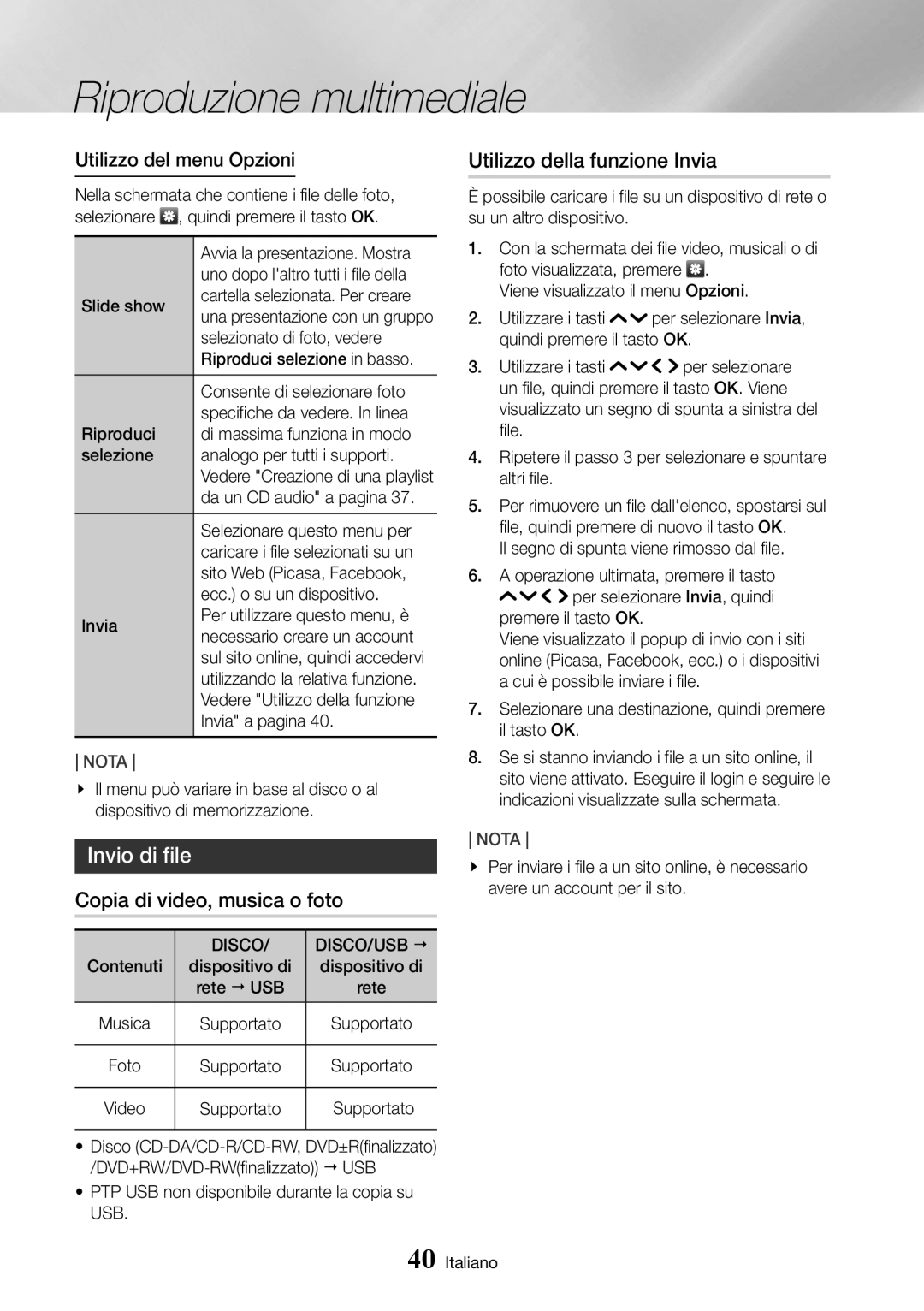 Samsung UBD-K8500/ZF manual Invio di file, Copia di video, musica o foto, Utilizzo della funzione Invia, Disco DISCO/USB 