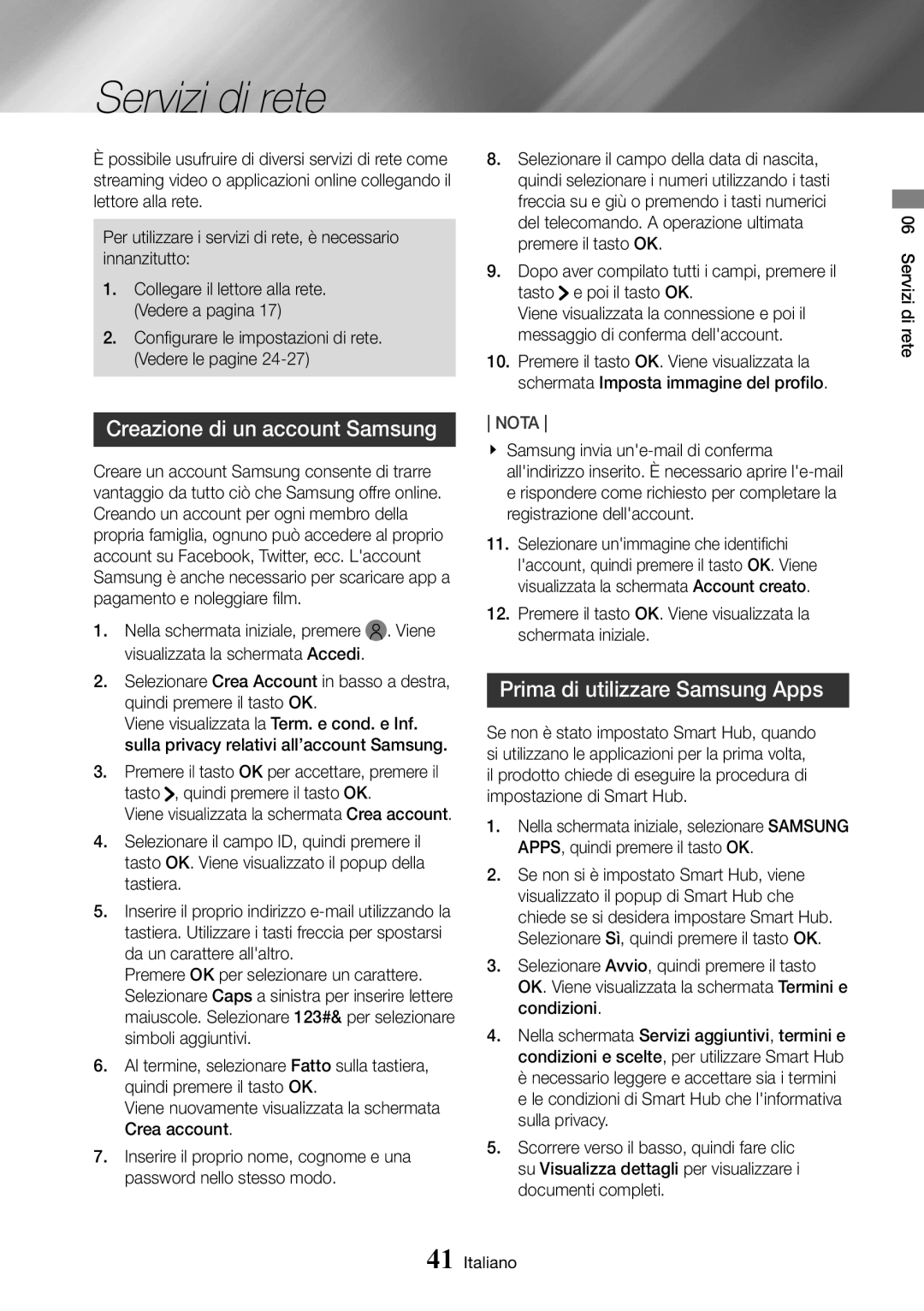 Samsung UBD-K8500/ZF manual Servizi di rete, Creazione di un account Samsung, Prima di utilizzare Samsung Apps 