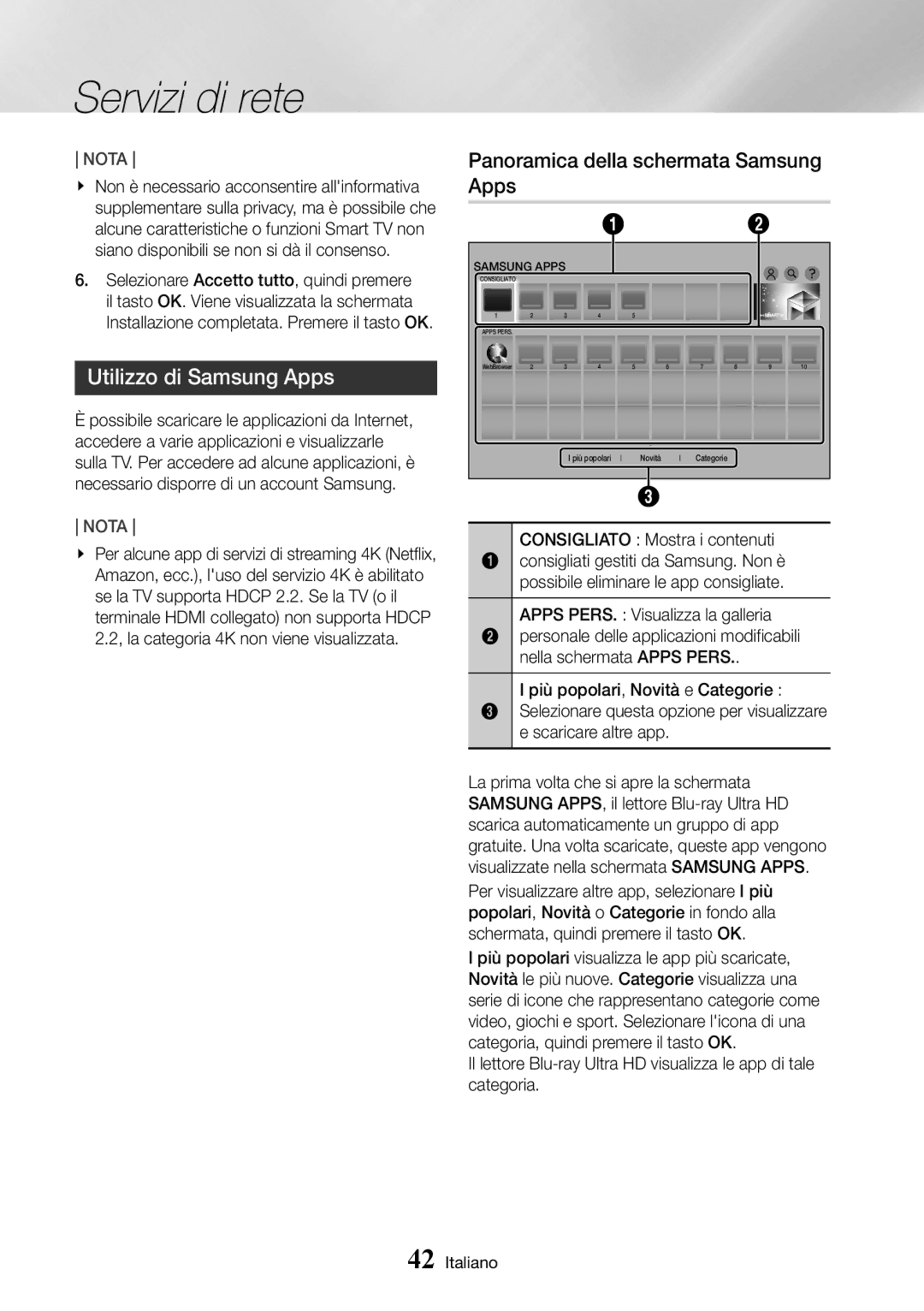 Samsung UBD-K8500/ZF Utilizzo di Samsung Apps, Panoramica della schermata Samsung Apps, Consigliato Mostra i contenuti 