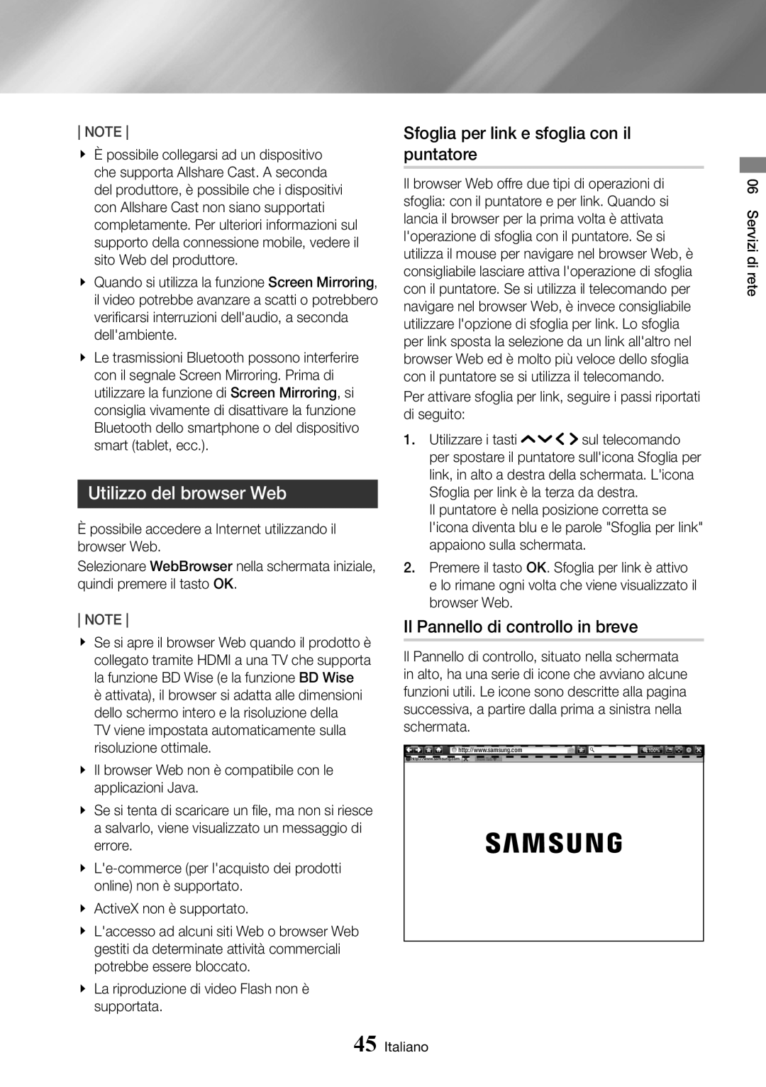 Samsung UBD-K8500/ZF manual Utilizzo del browser Web, Sfoglia per link e sfoglia con il puntatore 