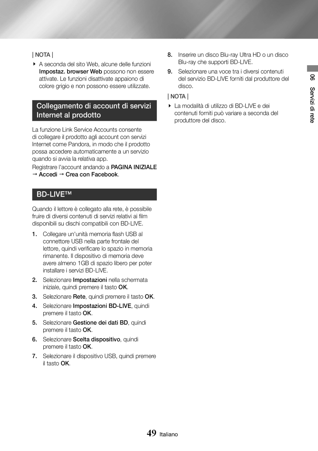 Samsung UBD-K8500/ZF manual Collegamento di account di servizi Internet al prodotto, Bd-Live 