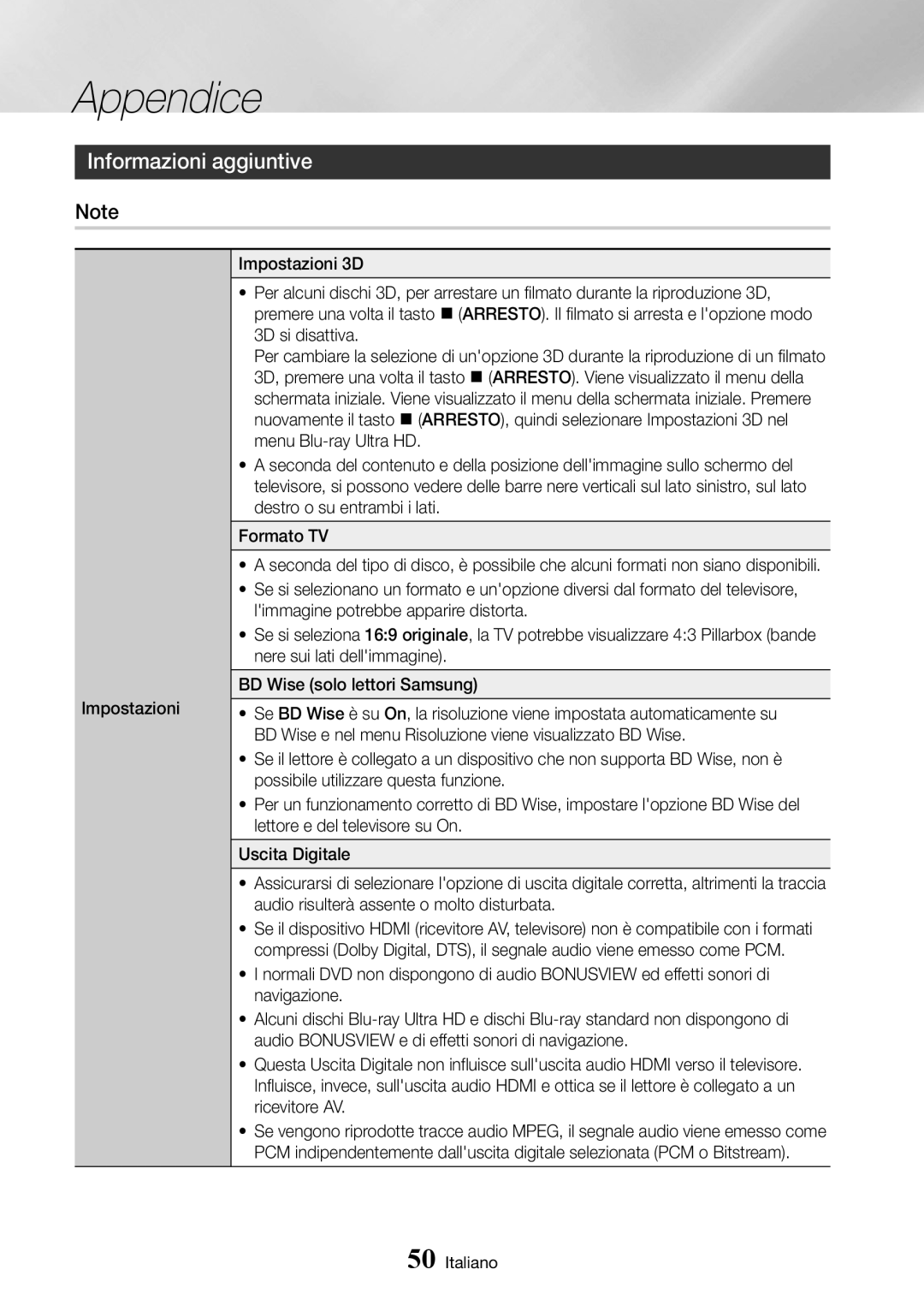 Samsung UBD-K8500/ZF manual Appendice, Informazioni aggiuntive 