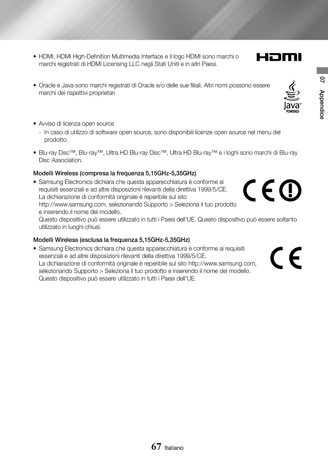 Samsung UBD-K8500/ZF manual Appendice Italiano 